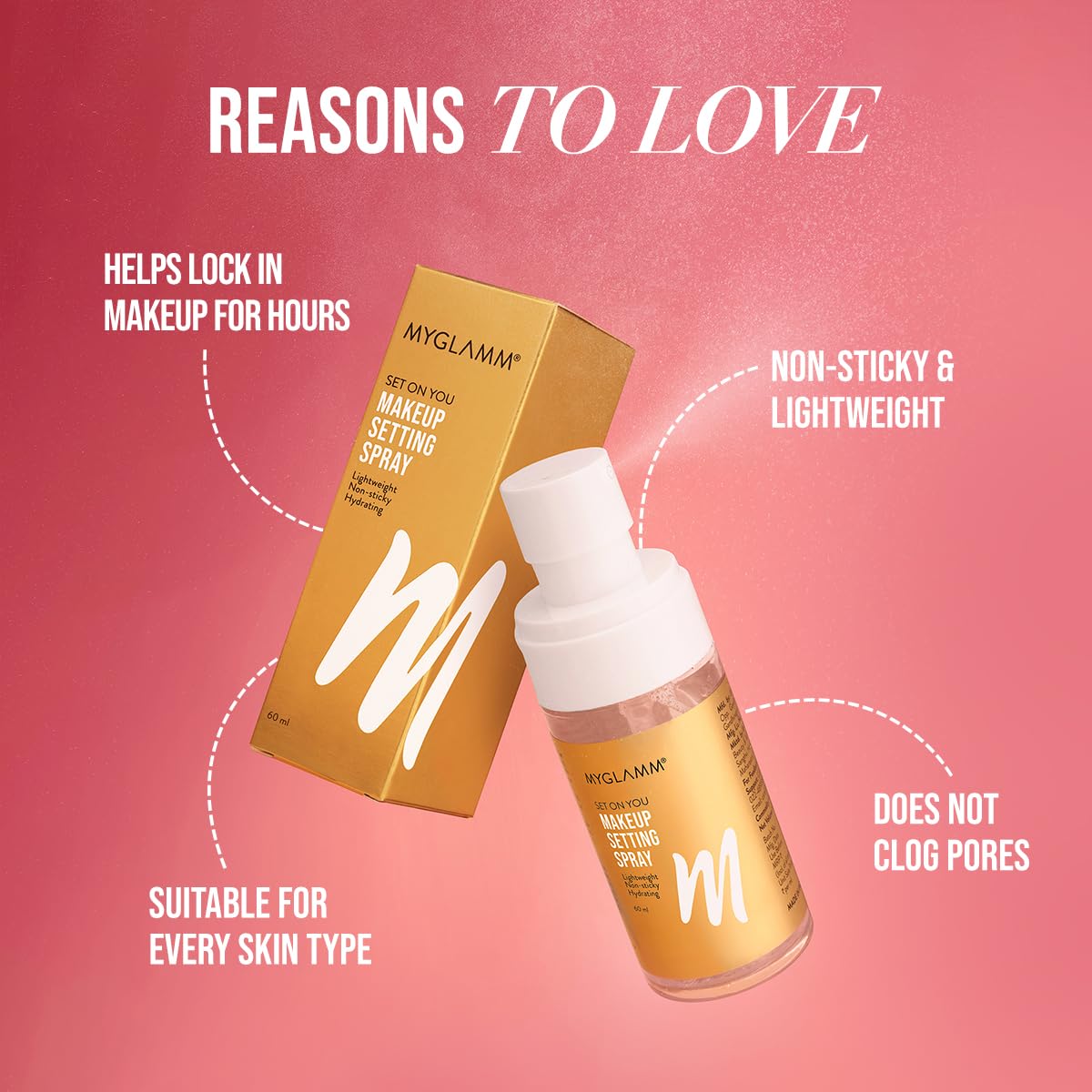 MyGlamm Set On You Setting Spray (60ml) – Long Lasting Makeup Fixer with Hyaluronic Acid, Niacinamide & Aloe Vera for All Skin Types | Perfect for Weddings, Parties & Daily Wear