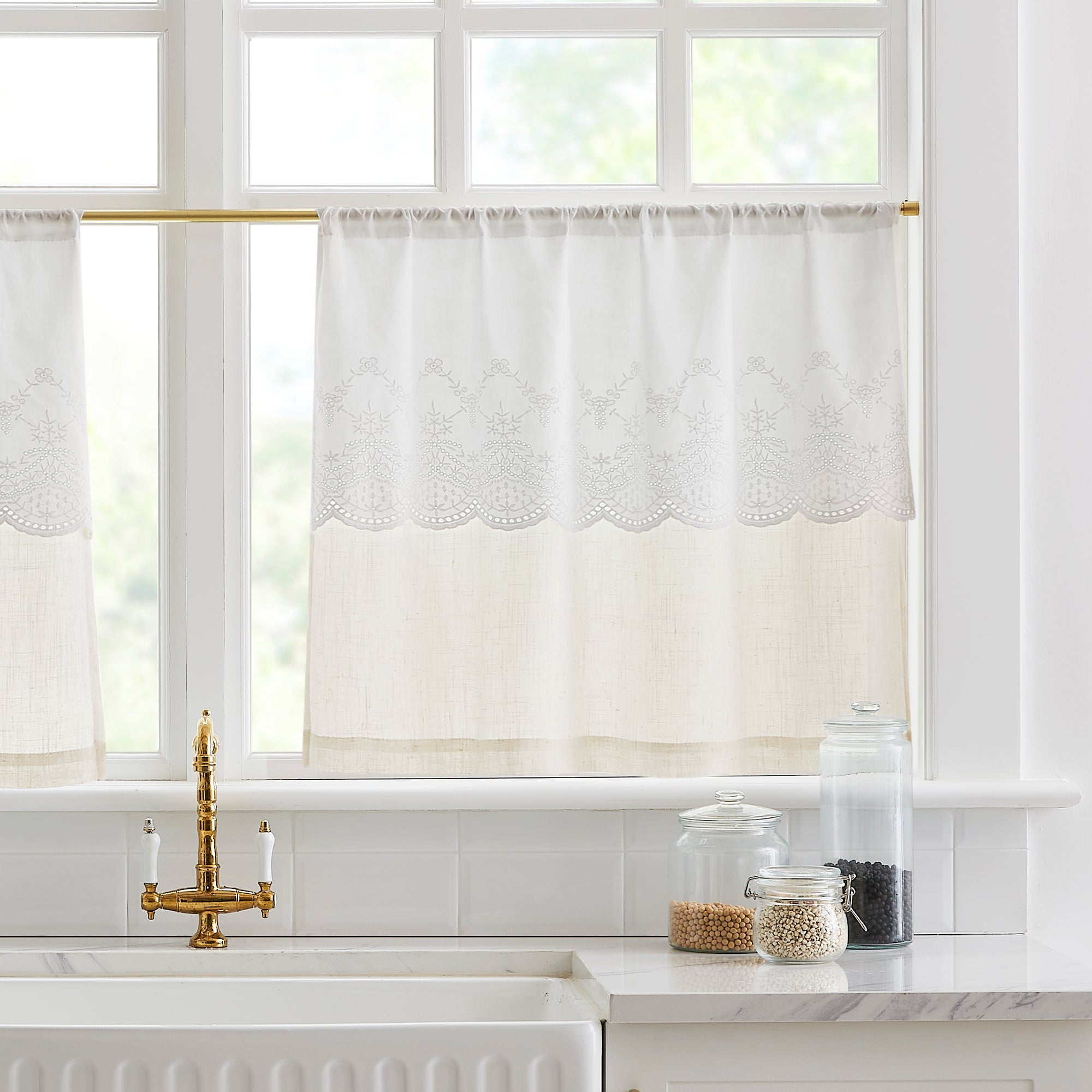 Brigitte Embroidery Eyelet Scalloped Edge Kitchen Curtains - Elegant Window Treatments for Farmhouse, Cottage & Vintage Style Homes