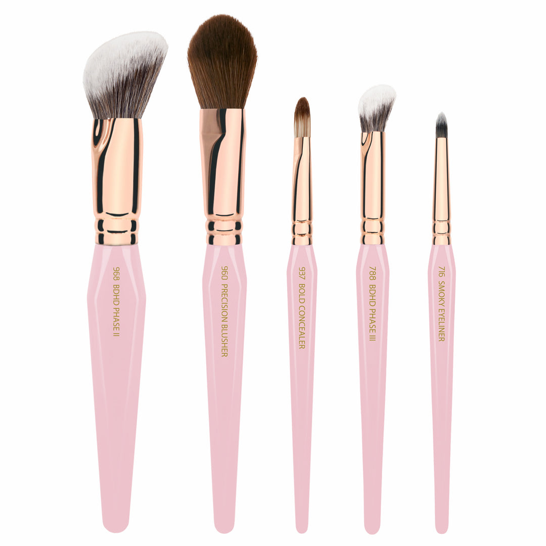 Pink Golden Triangle Makeup Brush Set for Face & Eyes - Perfect for Contouring, Blending, and Professional Makeup Application