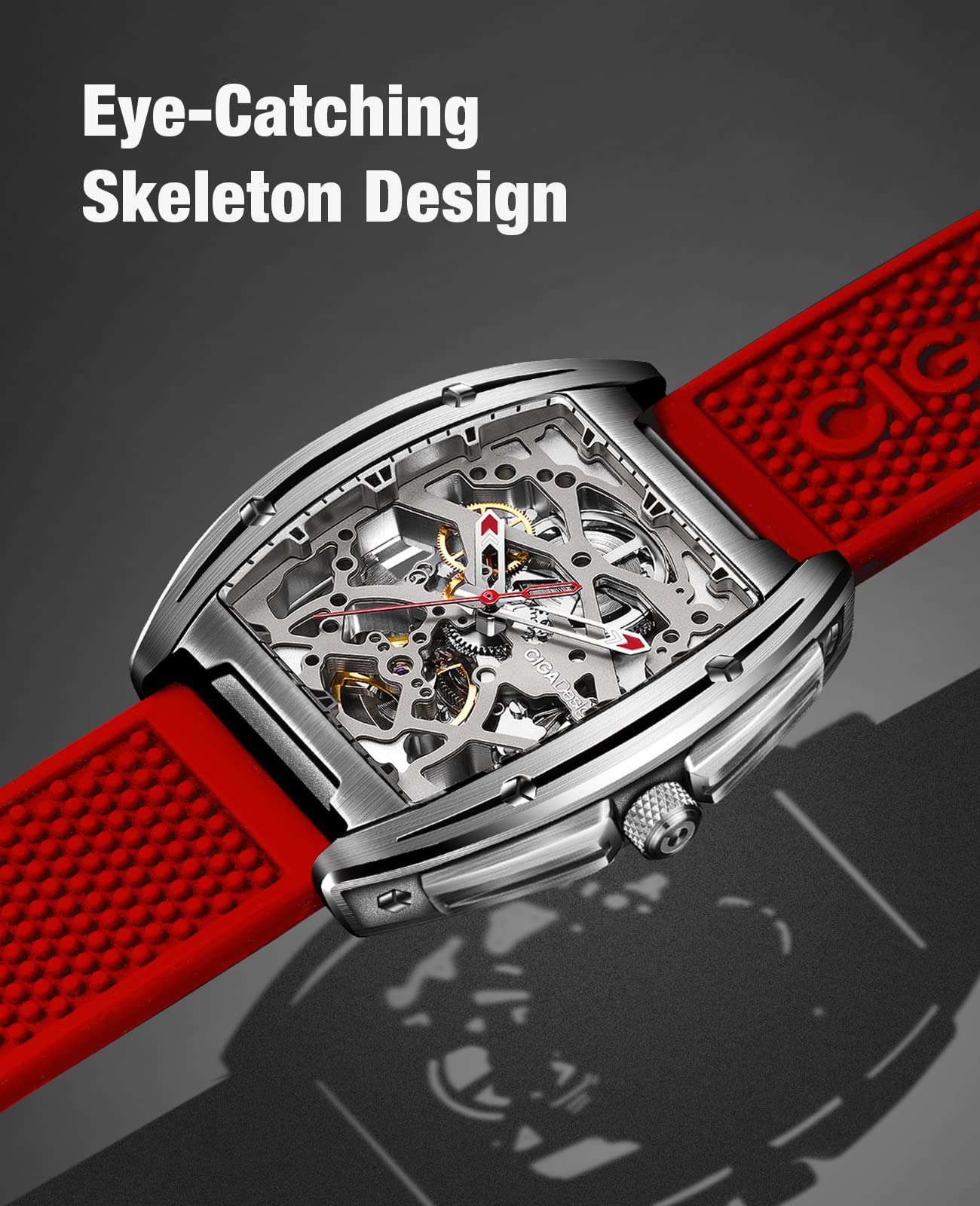 CIGA Design Z Series Automatic Mechanical Watch for Men & Women - Luxury Skeleton Tonneau Wristwatch with Leather & Silicone Strap, Stainless Steel Case, Waterproof Dress Watch - Perfect for Business, Formal Events & Gift Giving