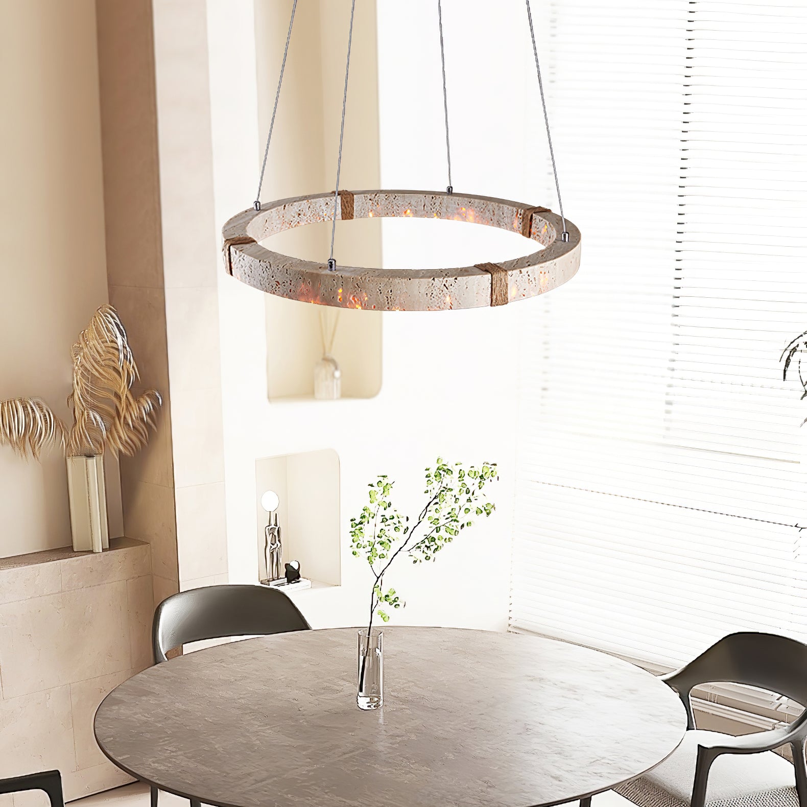 Modern Circle Travertine Pendant Light - Natural Stone Hanging Lamp for Dining Room, Kitchen Island & Living Room Decor
