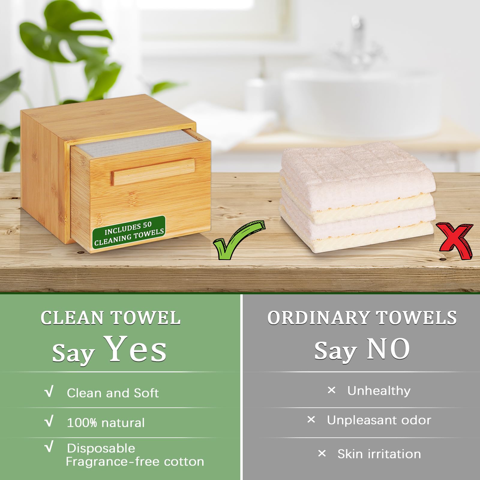 **Eco-Friendly Bamboo Storage Box with 50 Disposable Face Towels - Reusable Facial Tissue Cube for Skin Care & Makeup Removal - Includes Drawer for Easy Organization - Perfect for Home, Spa & Travel**