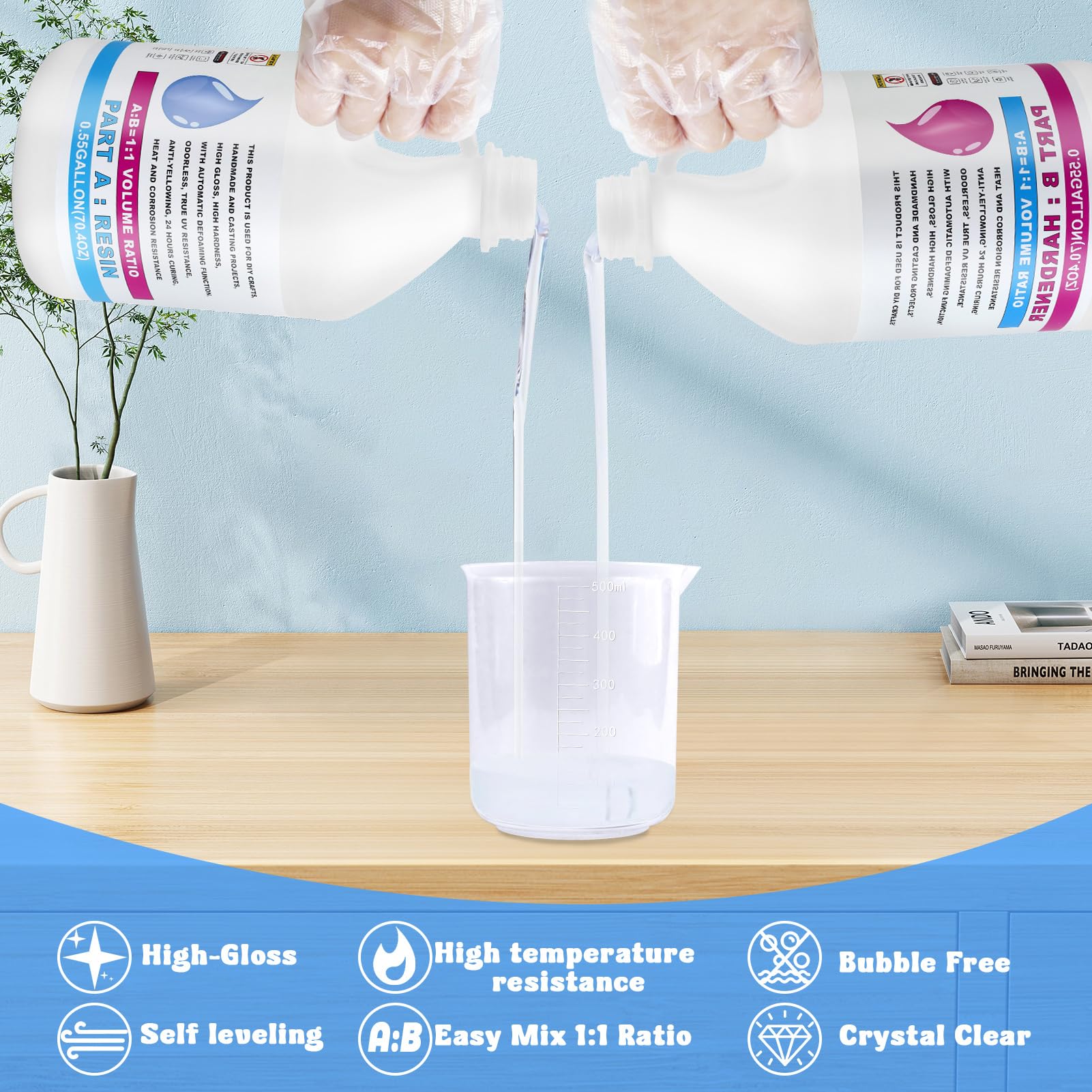 Premium 1.1 Gallon Crystal Clear Epoxy Resin Kit - Self-Leveling, Non-Yellowing, Bubble-Free for DIY Table Top, Wood Coating, Resin Molds & Art Projects - Perfect for Countertops, River Tables, Jewelry Making & Home Decor Crafts