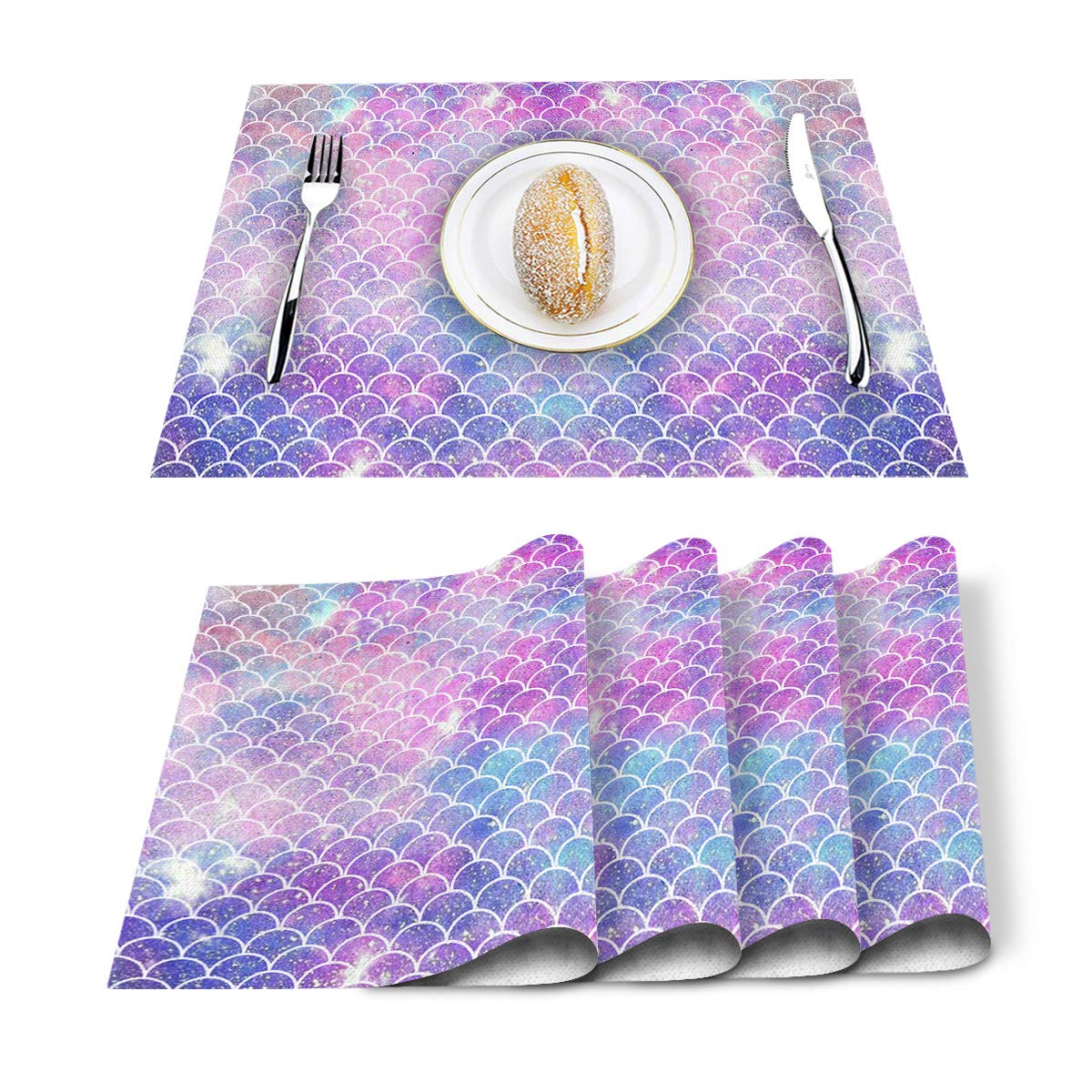L6 Ombre Mermaid Fish Scale Placemats Set of 4 - Stain Resistant, Heat Insulation, Non-Slip & Washable Dining Table Mats for Kitchen Decor (Blue Purple) | Perfect for Dinner Parties, Holiday Gatherings & Everyday Meals