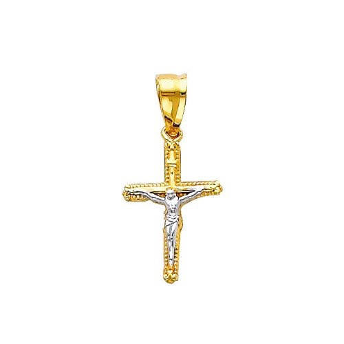 14K Two-Tone Gold Jesus Cross Religious Pendant with 1.2mm Cable Chain Necklace - Religious Jewelry for Men & Women - Perfect for Baptism, First Communion, Confirmation & Daily Faith Wear