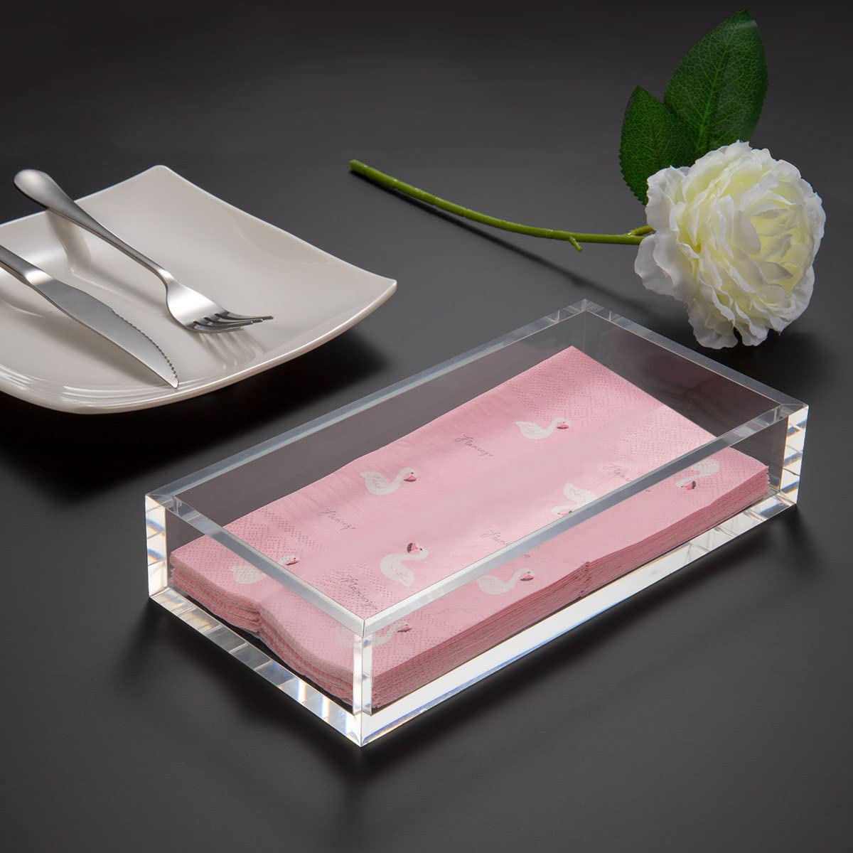 HIIMIEI 8mm Thick Clear Acrylic Napkin Holder Tray - 8.5x4 Inches Guest Towel Organizer for Kitchen, Restaurant, Office & Party - Premium Cocktail Napkin Dispenser for Bathroom, Commercial Use & Home Decor