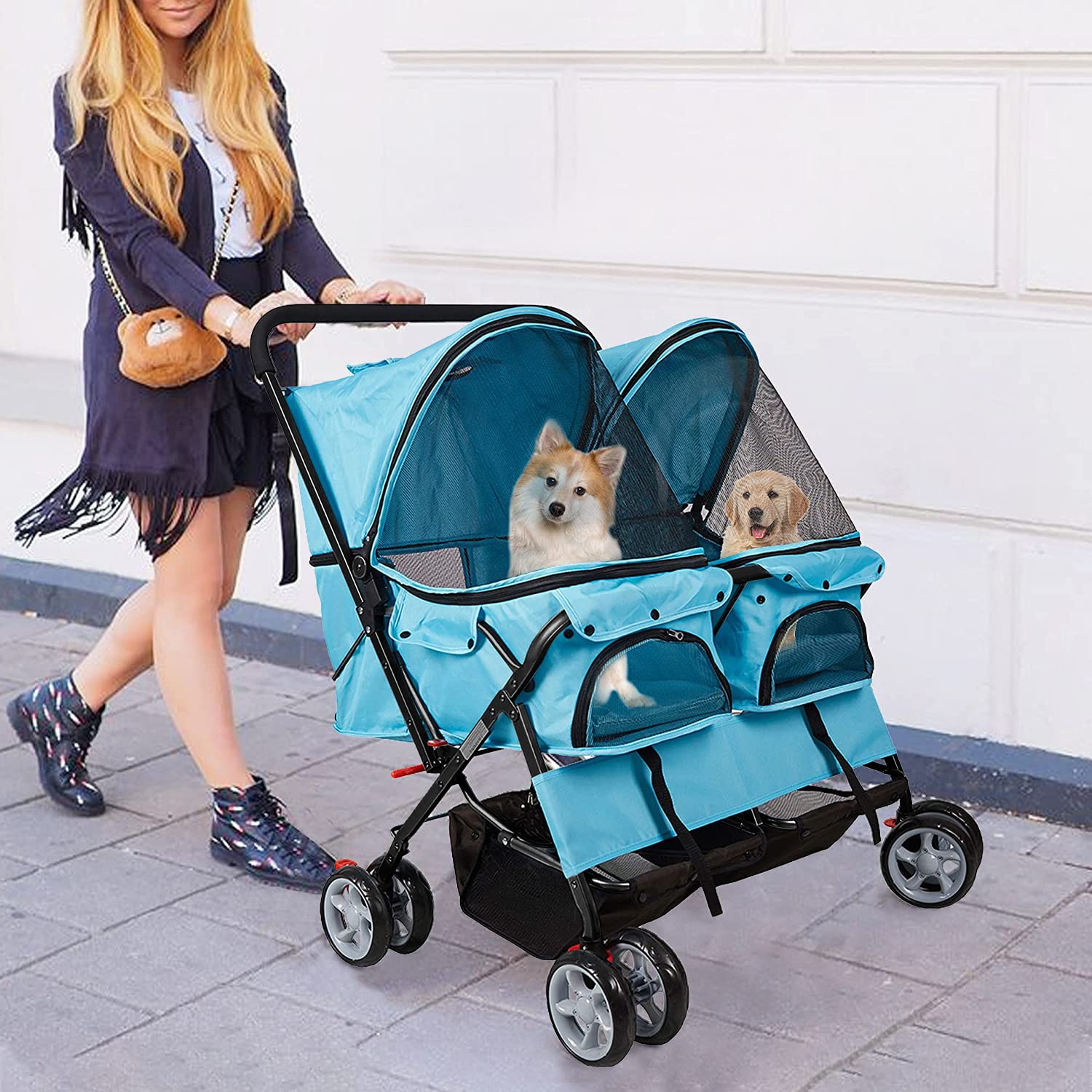 Foldable Double Pet Stroller - 2-Seater Dog & Cat Carrier with Wheels - Lightweight Travel Strolling Cart for Small Animals (Blue) - Perfect for Park Walks, Vet Visits, and Shopping Trips
