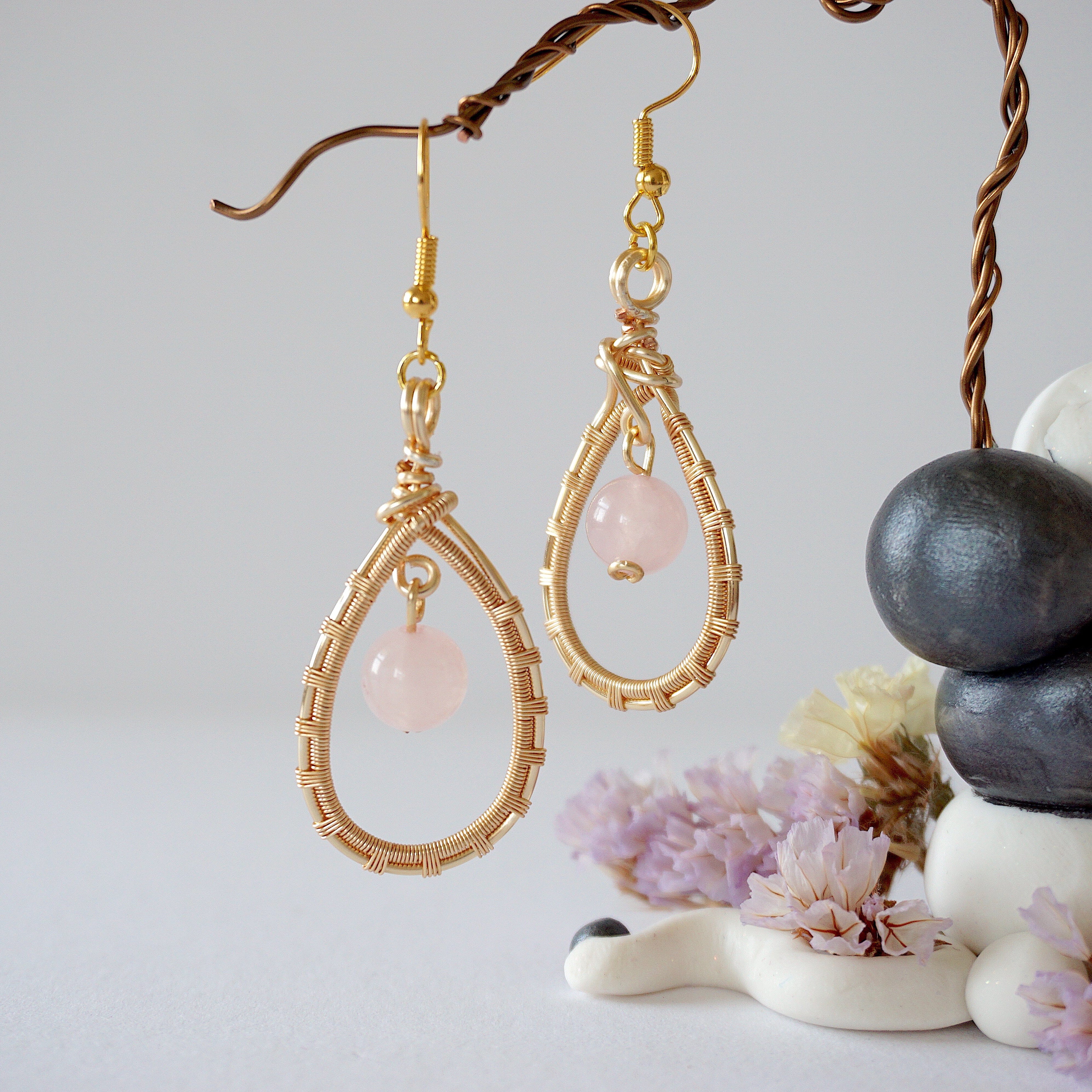 Rose Quartz Round Wire Earrings - Gold Plated Dangle Earrings for Women, Healing Crystal Jewelry Gift for Mom, Wife, Girlfriend - Perfect for Valentine's Day, Birthday & Everyday Wear