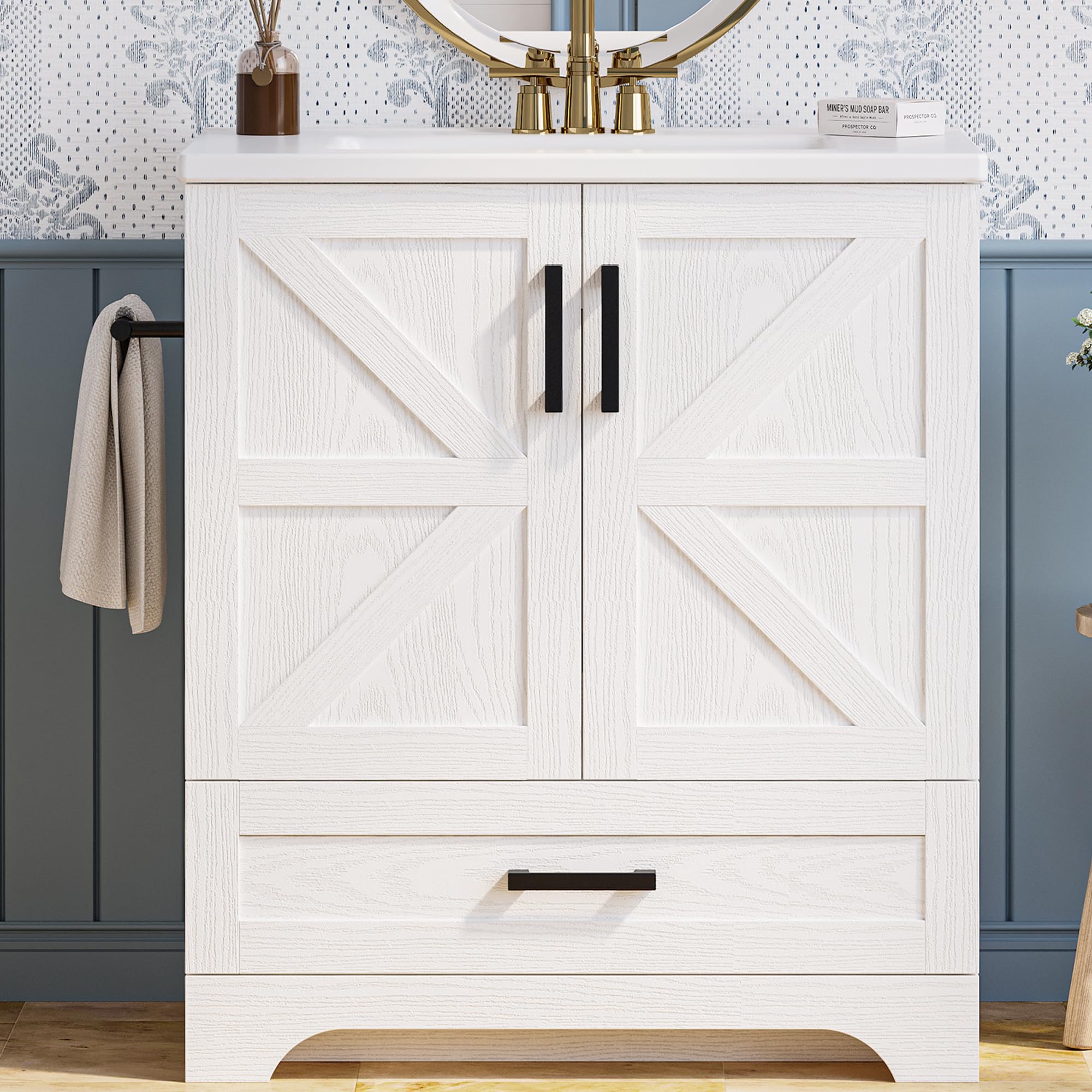 IRONCK 30 Inch Farmhouse Bathroom Vanity with Sink & Drawer - Easy to Assemble Bathroom Sink Cabinet for Modern Farmhouse, Rustic or Traditional Bathroom Decor | Perfect for Master Bath, Guest Bath or Powder Room