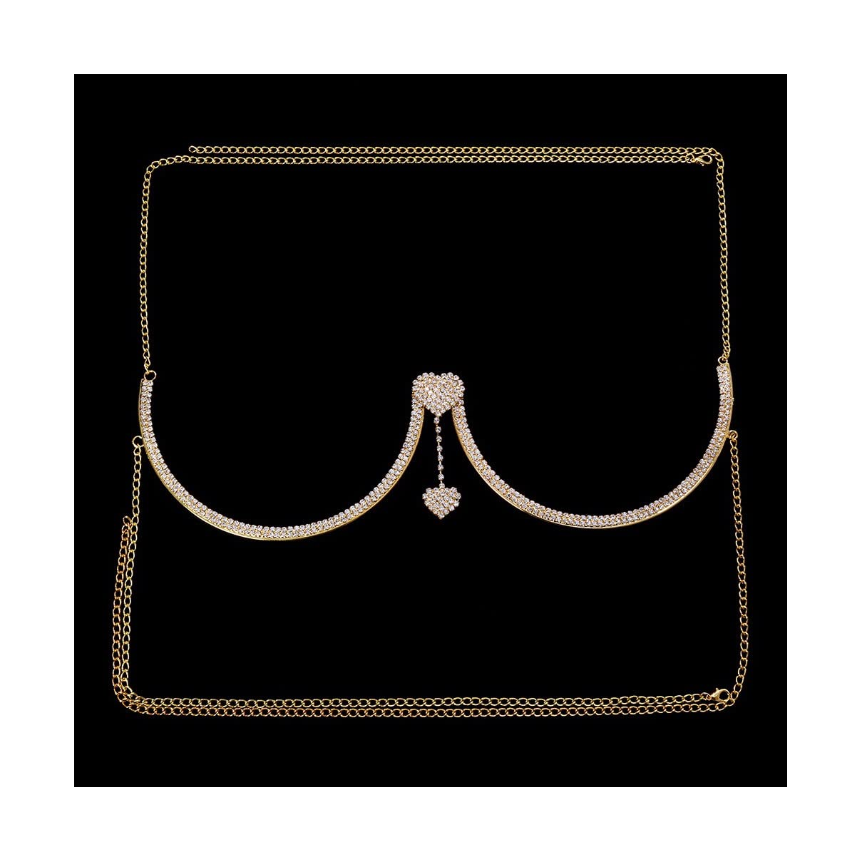 Double Heart Pendant Crystal Body Chain Jewelry for Women - Gold Rhinestone Harness Necklace & Chest Bracelet - Perfect for Parties, Weddings, Date Nights and Festive Occasions