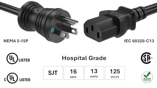 Hospital Grade NEMA 5-15P to C13 Power Cord - 16 AWG Heavy Duty Black Power Cable for Medical Equipment, Servers & Data Centers - Perfect for Hospitals, Clinics & IT Infrastructure
