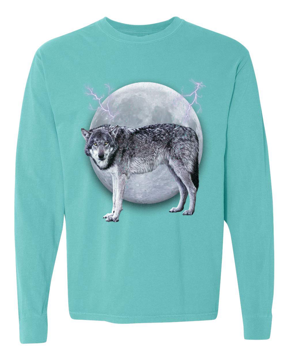 Full Moon Dire Snow Wolf Graphic Long Sleeve T-Shirt for Animal Lovers - Garment-Dyed Washed Look Cotton Tee - Perfect for Outdoor Adventures, Casual Wear & Wolf Enthusiasts