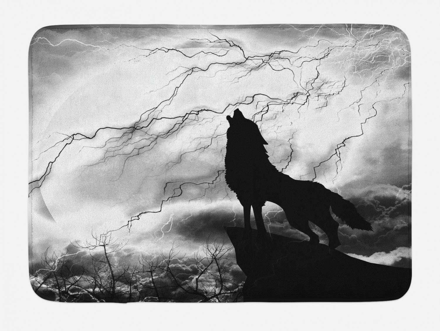 Ambesonne Wolf Bath Mat - Non-Slip Plush Bathroom Rug with Howling Wolf Silhouette Under Full Moon, 30.2 x 20 Inches, Black Grey & White - Perfect for Modern, Gothic or Nature-Themed Bathroom Decor