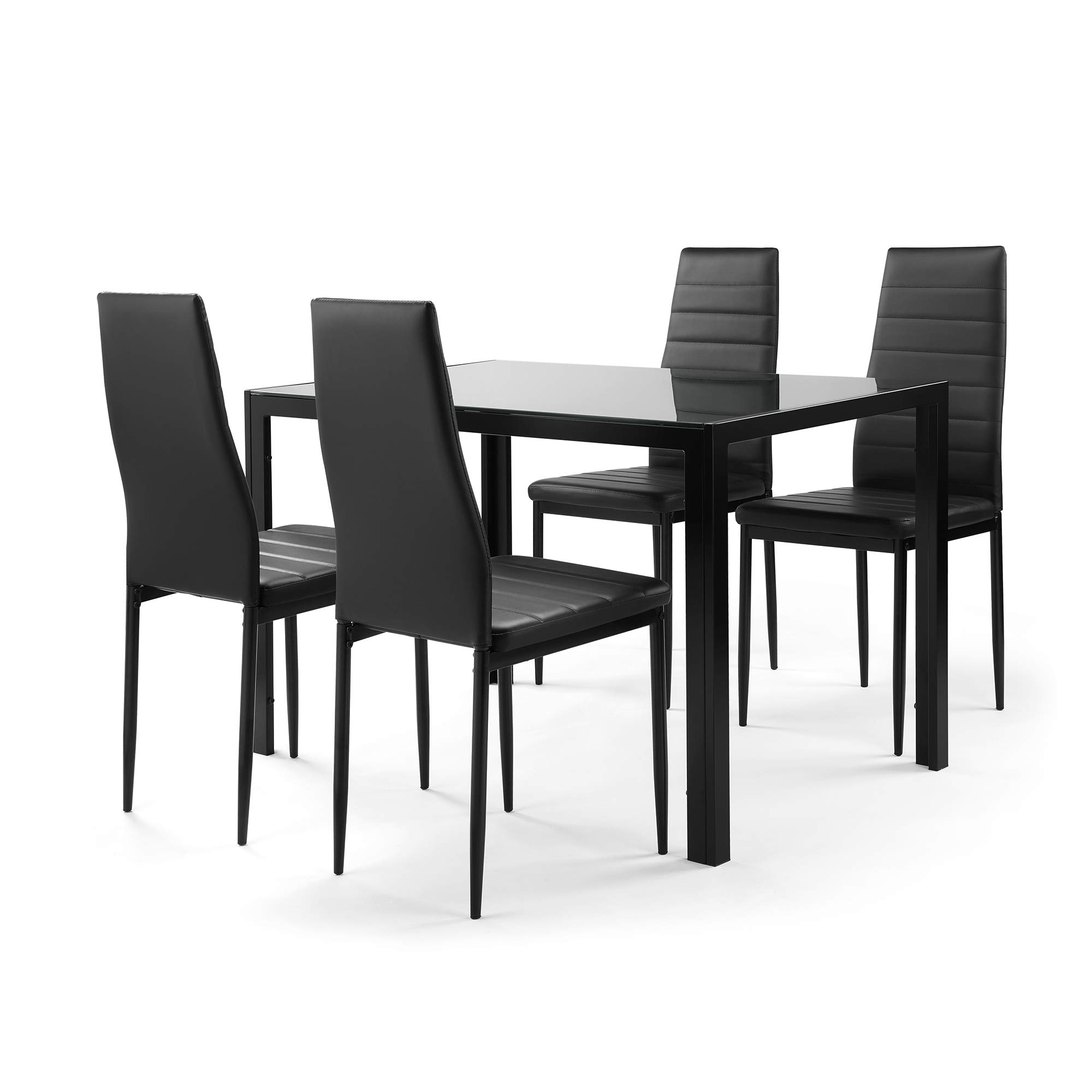 KAAYEE 5-Piece Modern Dining Set with Tempered Glass Table & 4 Faux Leather High-Back Chairs - Perfect for Kitchen, Dining Room, Restaurant Style | Black Contemporary Furniture for Family Meals & Dinner Parties