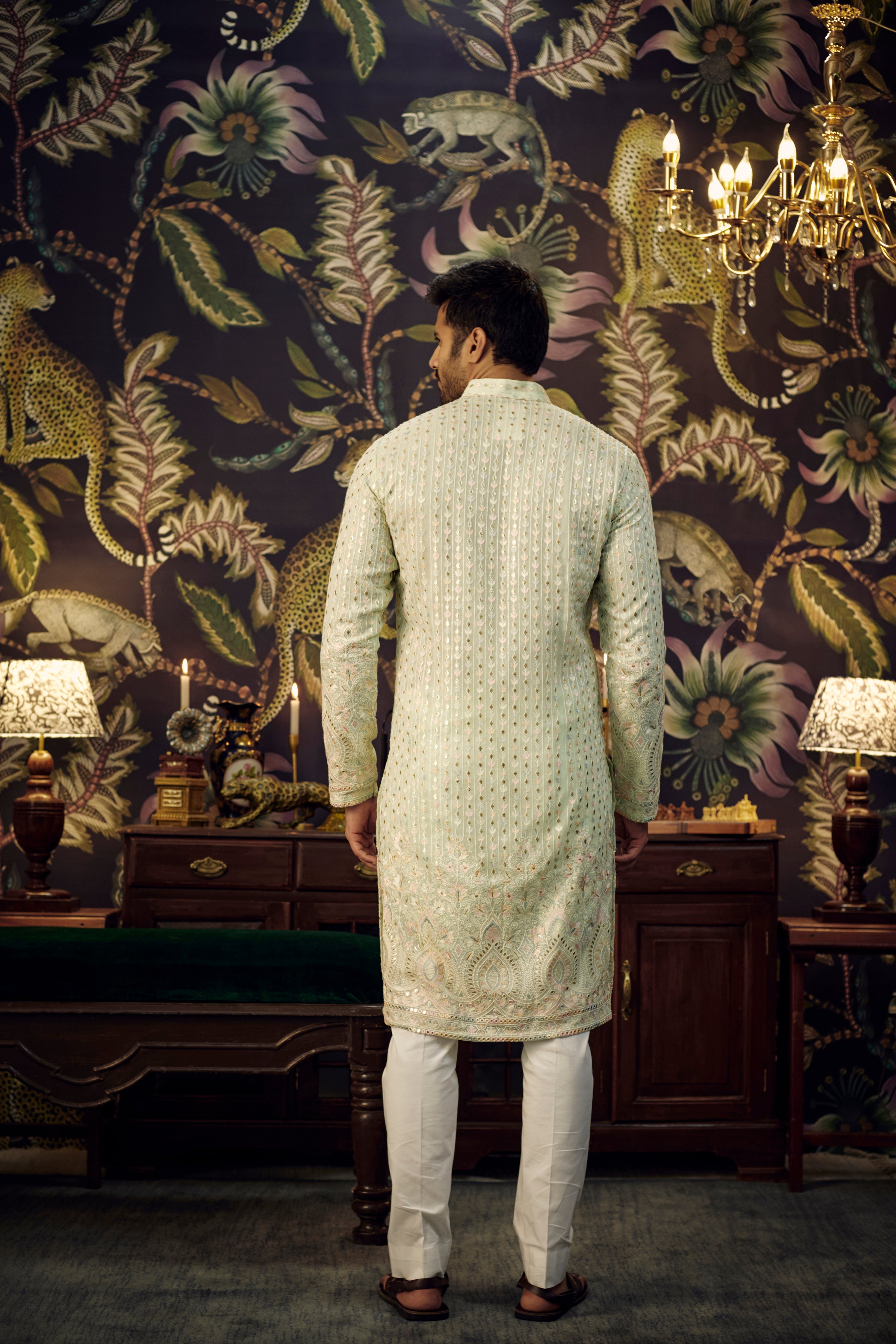 Elegant Ice Blue Chikankari Kurta with Intricate Multi-Thread Embroidery & Detailed Ghera - Perfect for Festivals, Weddings & Ethnic Occasions
