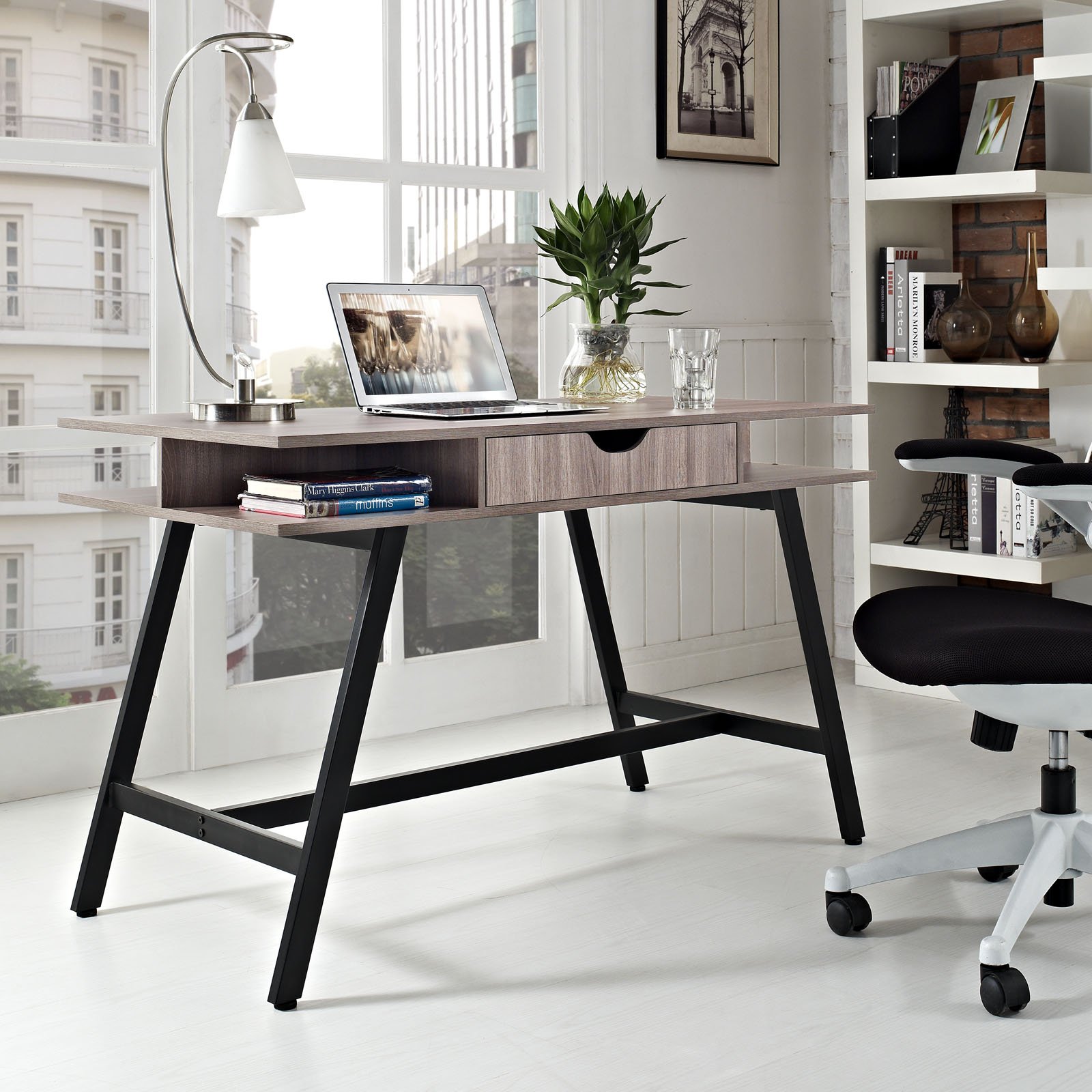 Modway Turnabout Modern Wood Grain & Metal Writing Office Desk with Storage - Birch Finish for Home Office, Study & Workspace