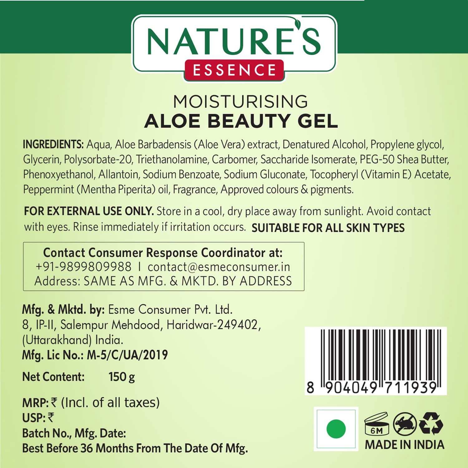 Nature's Essence Aloe Vera Moisturizing Beauty Gel 150g - Hydrating Skin Care for Face & Body, Soothes Sunburn & Dry Skin