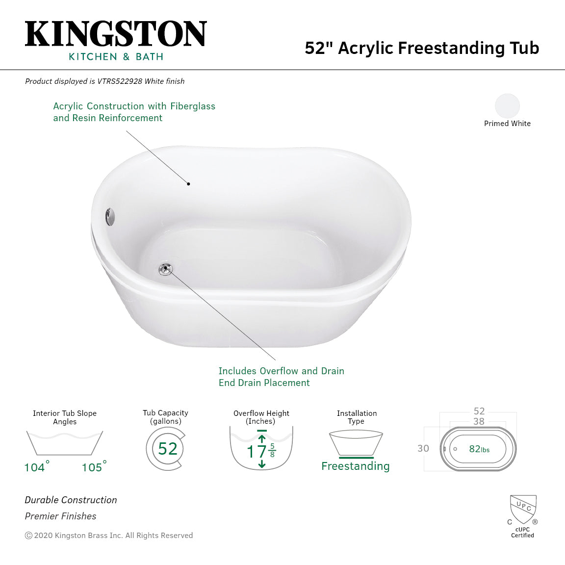 Aqua Eden 52 Inch Acrylic Oval Freestanding Bathtub - Glossy White Slipper Tub with Drain | Modern Soaking Tub for Spa-Like Relaxation in Master Bathroom