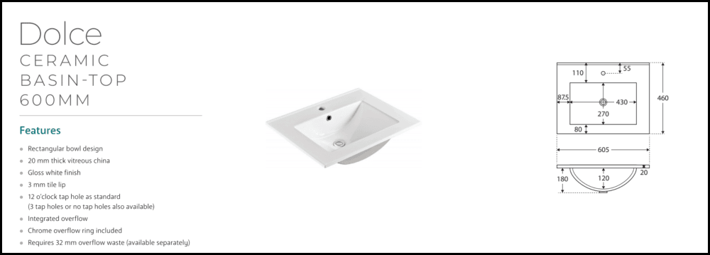 Fienza Dolce Edge TCL60X 600mm Modern Wall Mounted Bathroom Vanity with Sink - Perfect for Small Bathrooms, Powder Rooms & Contemporary Home Decor