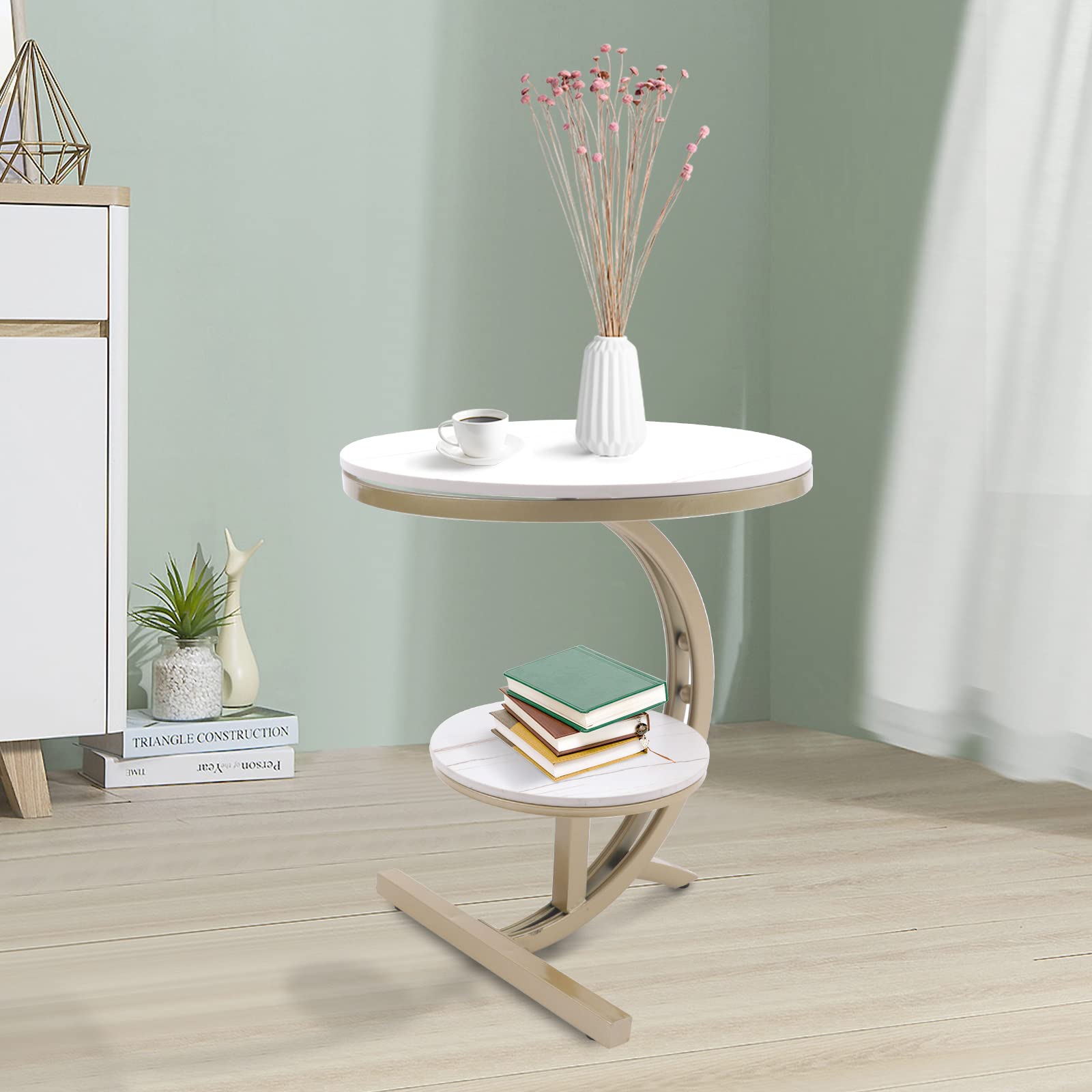 Modern 2-Tier Round End Table with Storage - Minimalist C-Shaped Coffee & Side Table for Living Room, Bedroom, Sofa - Gold & White Finish | Perfect as Bedside Table, Snack Table & Corner Accent Furniture