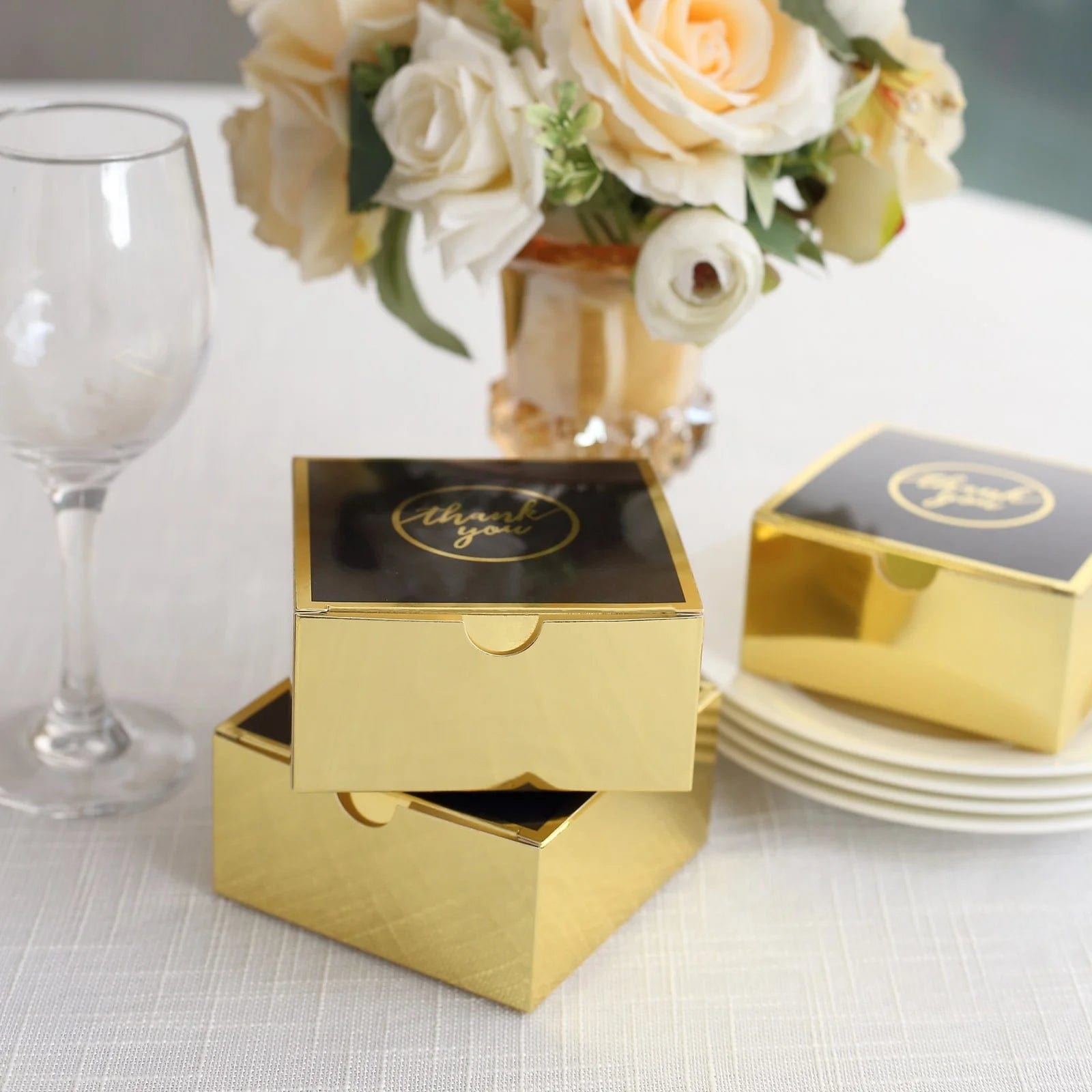 25 Pack 4x4 Inch Square Favor Boxes with Thank You Print - Gold and Black Gift Holders for Weddings, Parties & Special Events