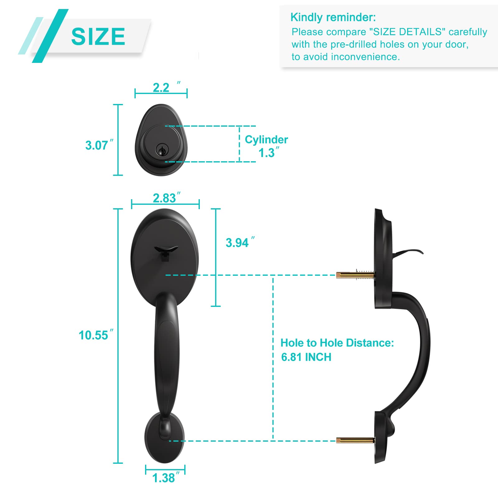 Matte Black Double Door Handleset with Dummy - Front Door Handle Set with Knobs for Home & Office - Antique Style (1074) - Perfect for Entry Doors, Interior Doors, and Commercial Spaces