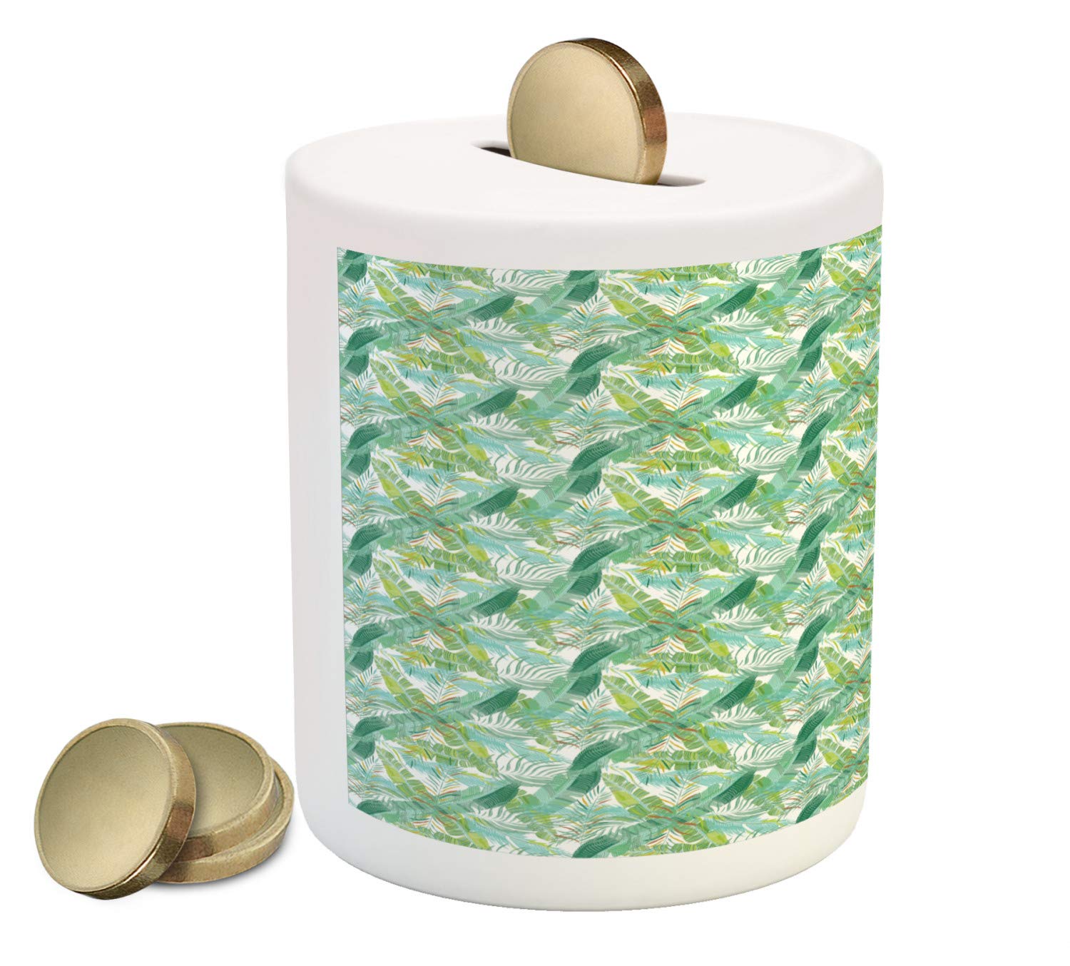 Ambesonne Exotic Ceramic Piggy Bank - Tropical Jungle Leaves Design, 3.6