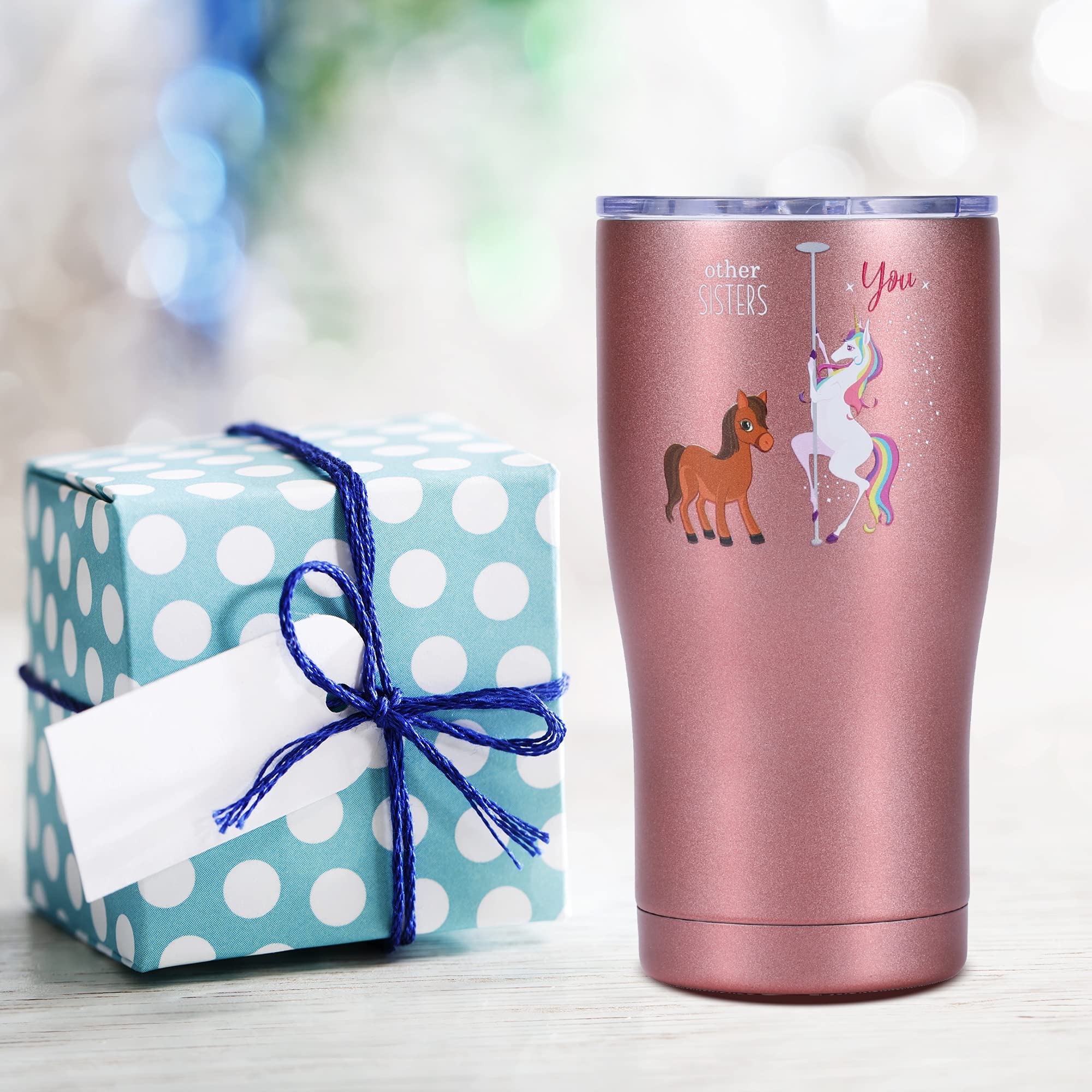 Shamone Unicorn Sister Tumbler 20oz - Insulated Stainless Steel Cup with Lid, Straw & Cleaning Brush - Funny Birthday & Christmas Gift for Sister (Rose Gold) - Perfect for Coffee, Tea & Cold Drinks at Work, School or Home