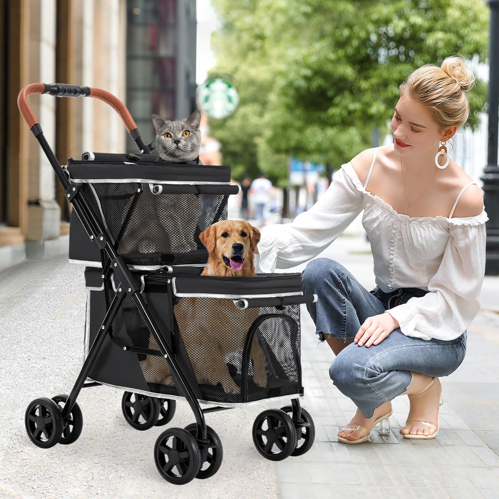 Double Pet Stroller for Dogs and Cats - Foldable 4-Wheel Travel Carrier for Small & Medium Pets - One-Hand Operation - Perfect for Park Walks, Vet Visits & Shopping Trips - Black