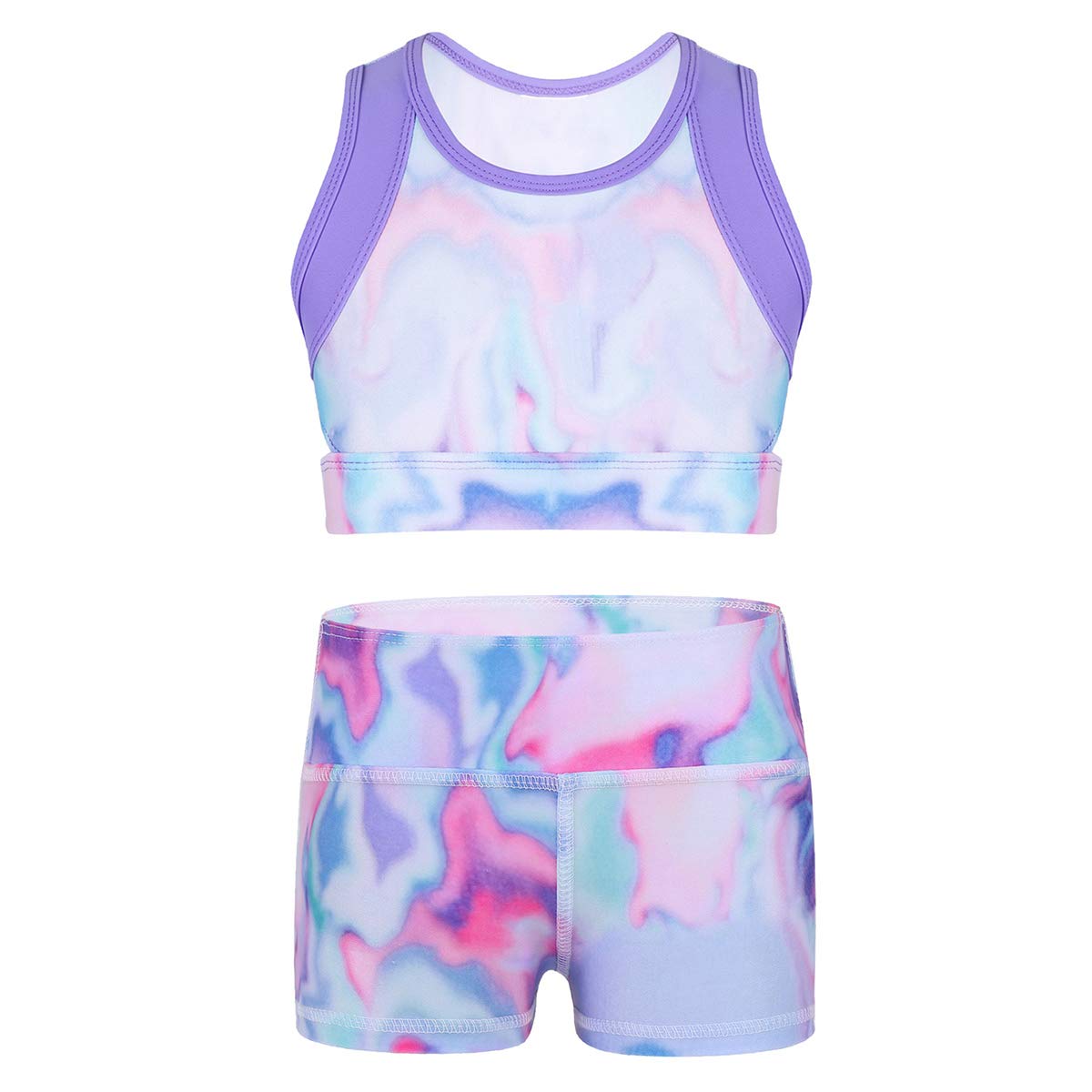**Hansber Girls' 2-Piece Tie-Dye Gymnastics Outfit - Crop Top & Boyshorts Set for Dance, Swim & Sports | Perfect for Gymnastics Practice, Beach Swimwear & Dance Performances**