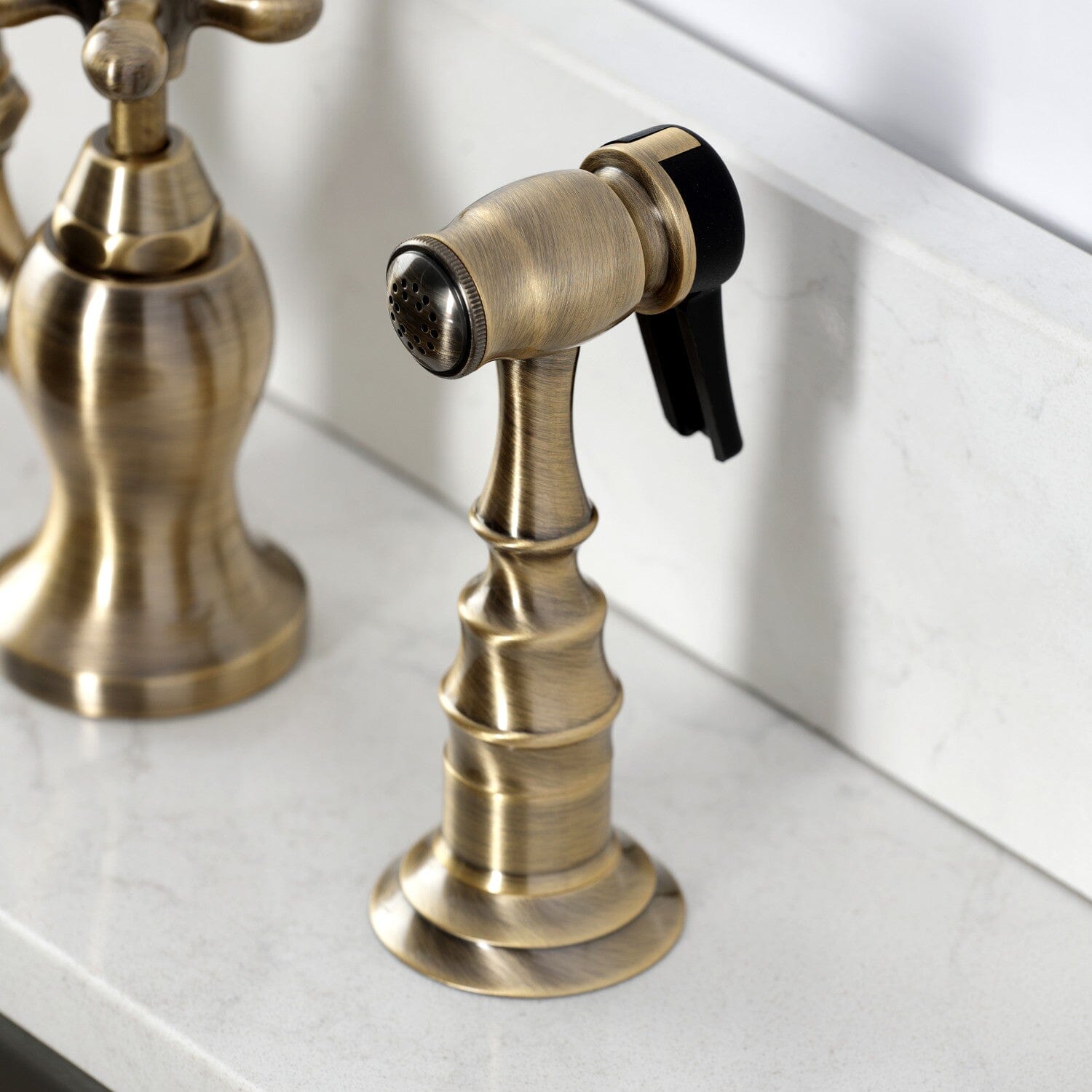 English Country Style Two-Handle 3-Hole Deck Mount Bridge Kitchen Faucet with Brass Side Sprayer - Perfect for Farmhouse, Cottage & Vintage Style Kitchens