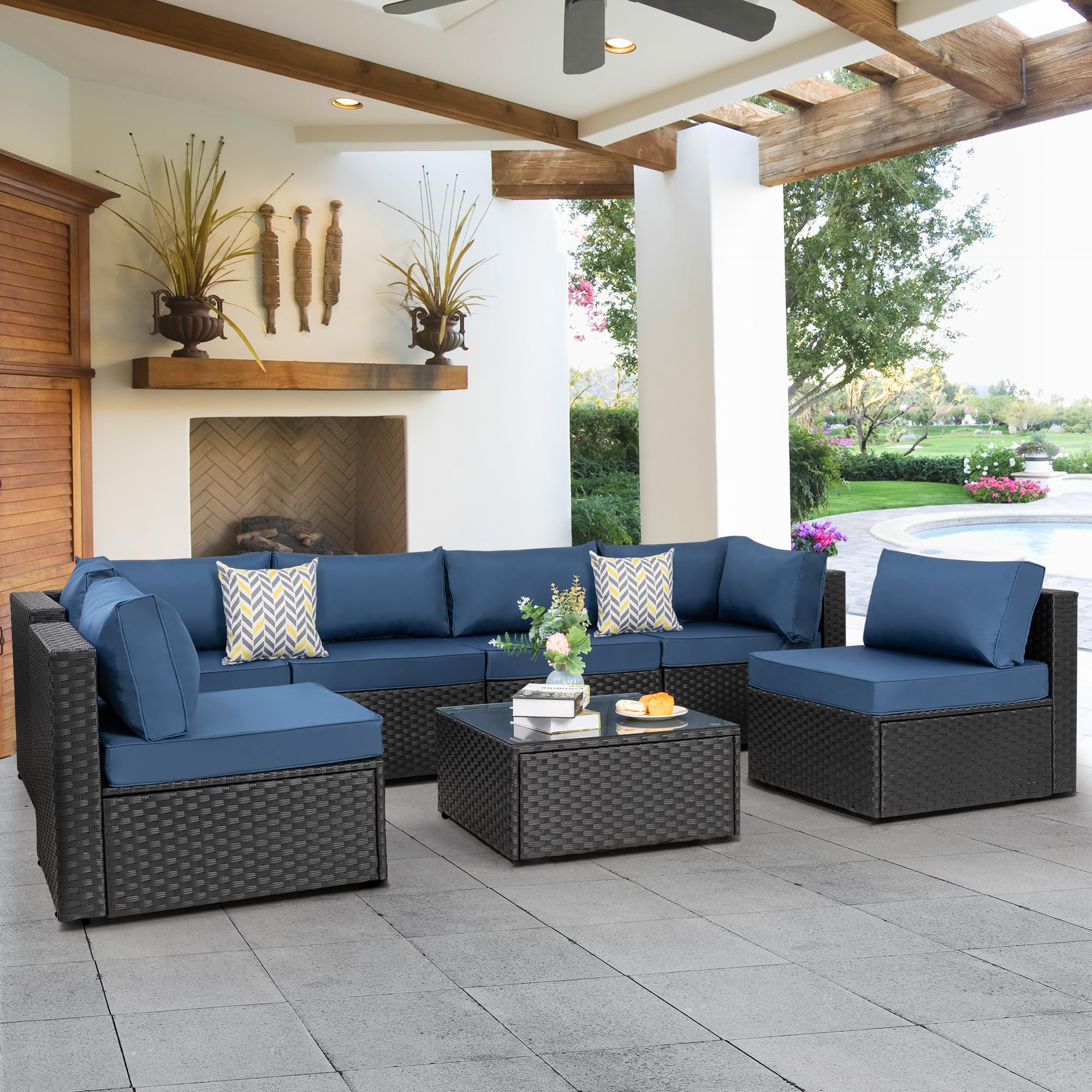 7-Piece Patio Outdoor Furniture Set - Low Back All-Weather Wicker Sectional Sofa with Coffee Table & Washable Cushions (Aegean Blue) - Perfect for Backyard, Garden, Poolside & Deck Relaxation