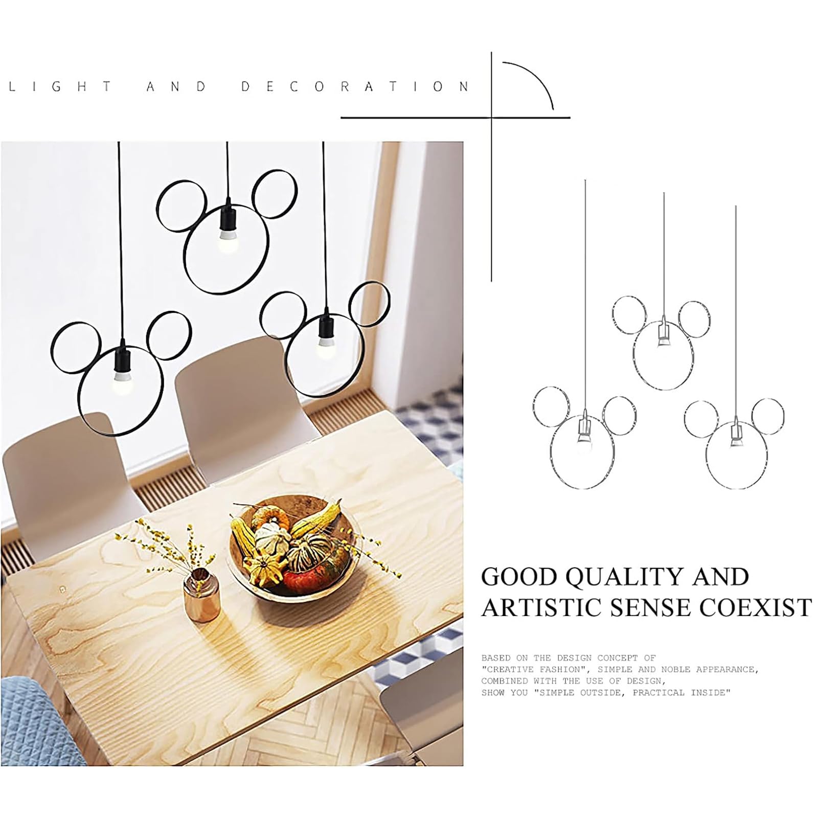 Cartoon Mouse Pendant Light - Cute Iron Chandelier for Kids Bedroom & Kitchen Island Decor