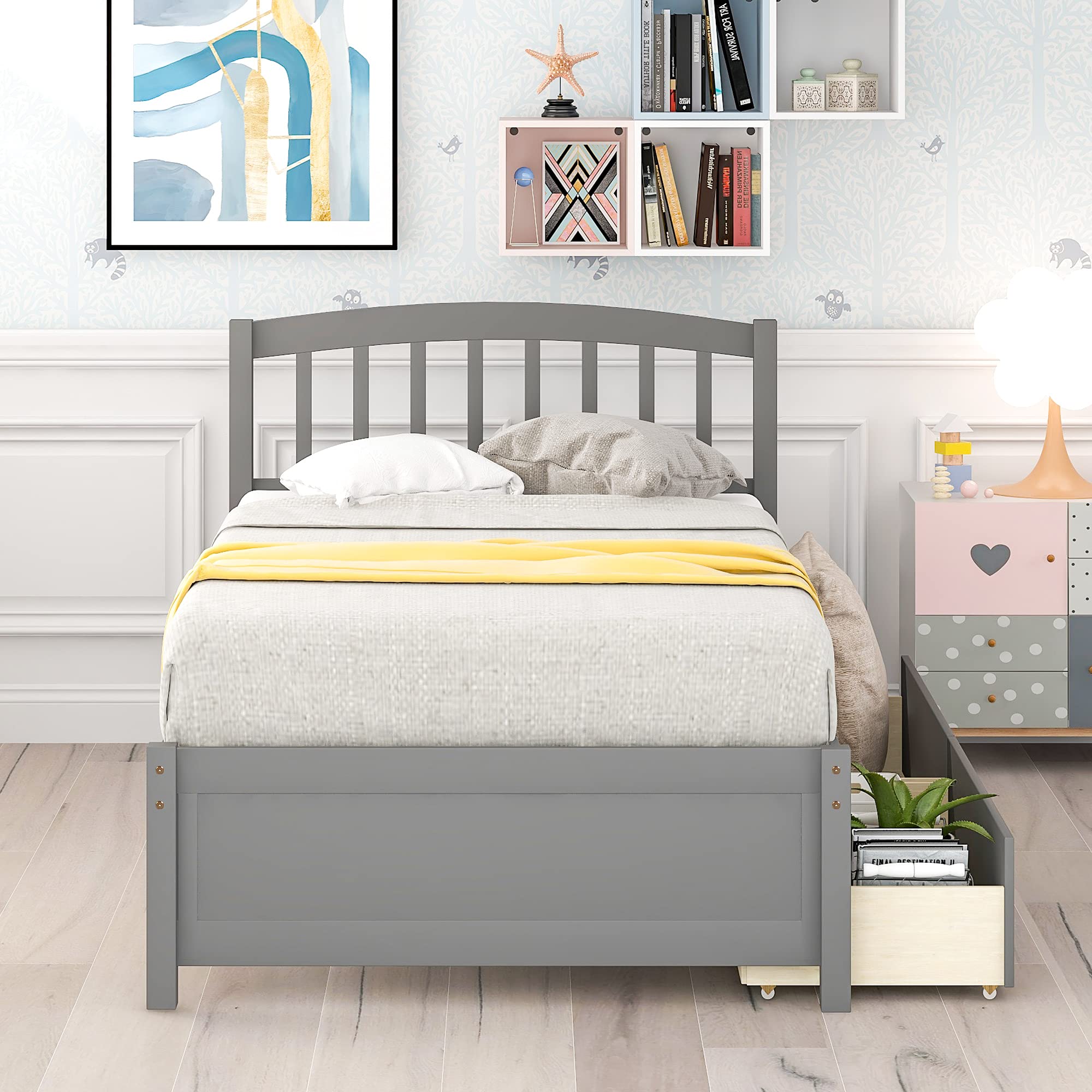Harper & Bright Designs Twin Storage Bed Frame with 2 Drawers & Headboard - Solid Wood Platform Bed for Kids & Teens, Grey - Perfect for Small Bedrooms & Dorm Rooms