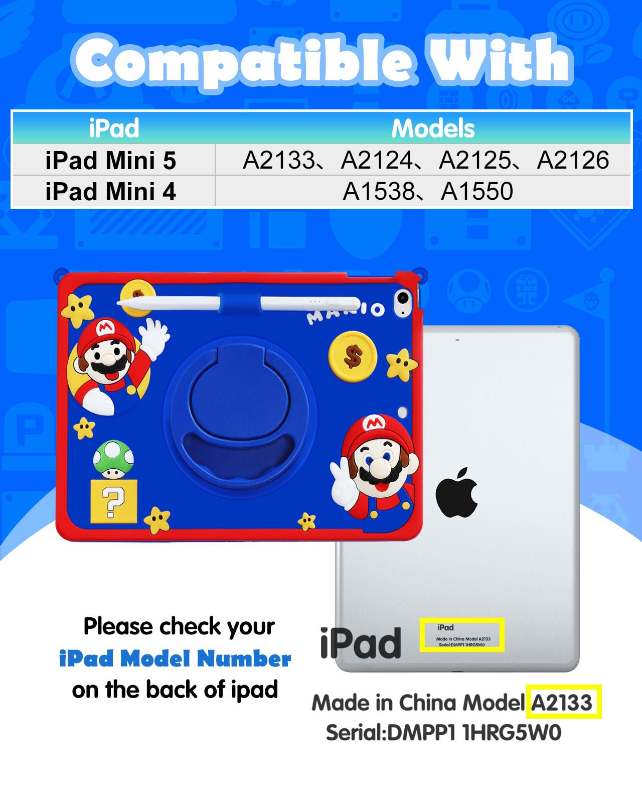 Cartoon Cute 3D Soft iPad Mini 5/4 Case for Boys & Girls - 7.9 Inch Protective Folio Cover with Rotating Stand & Pencil Holder for Apple iPad Mini 5th Gen / iPad Mini 4 (A1538 A1550 A2133) - Perfect for School, Travel & Home Use