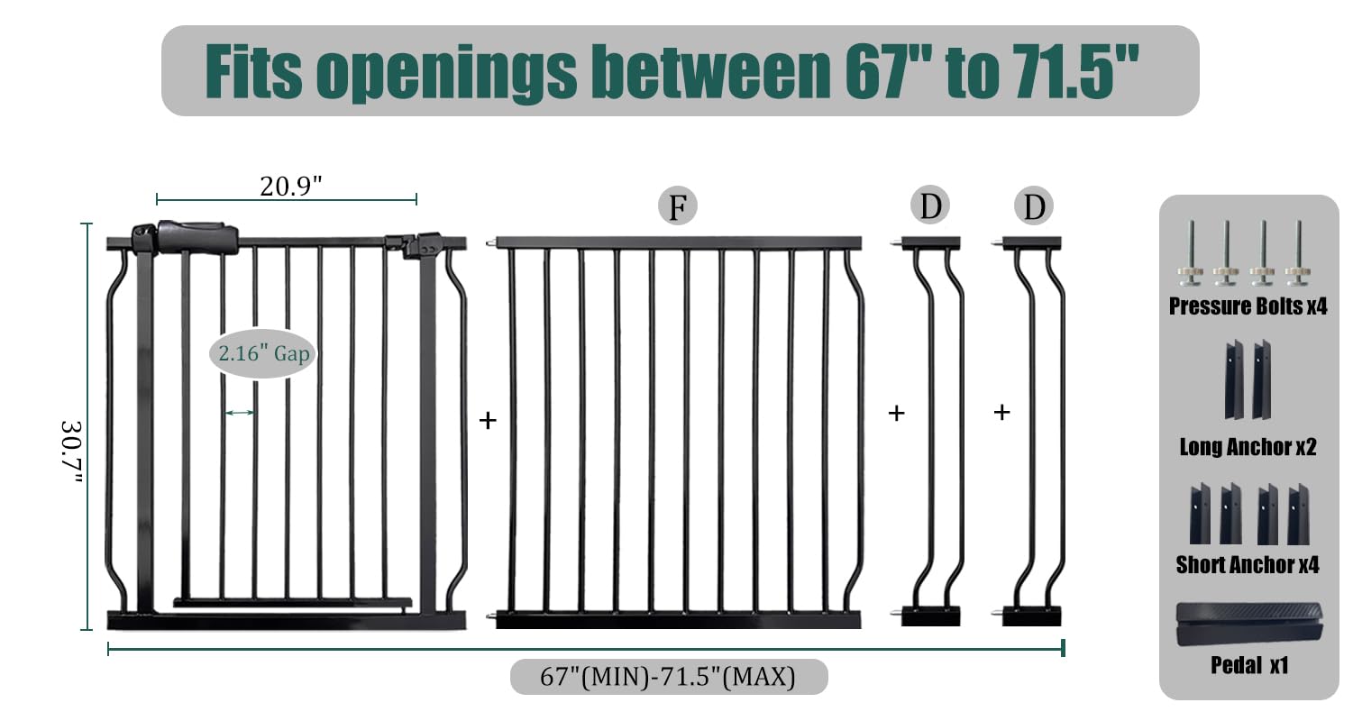 67-71.5 Inch Extra Wide Baby Gate - Pressure Mounted No Drill Heavy Duty Metal Safety Gate for Wide Stairs & Doorways - Black with Extension Kit - Perfect for Homes, Apartments & Staircase Safety