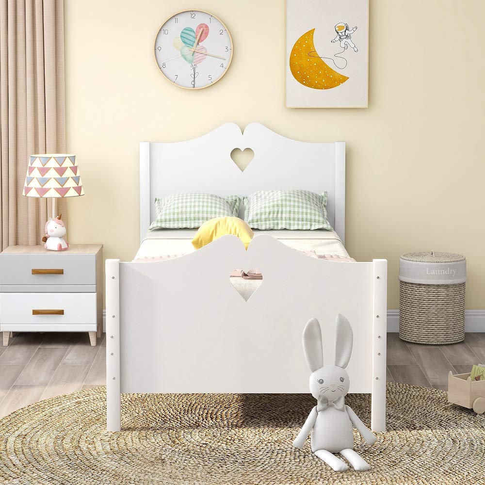 **Solid Wood Twin Bed Frame with Headboard & Footboard - Sturdy Platform Bed for Kids, Teens & Adults - No Box Spring Needed - Wooden Slat Support - White - Perfect for Small Bedrooms, Guest Rooms & Dormitories**