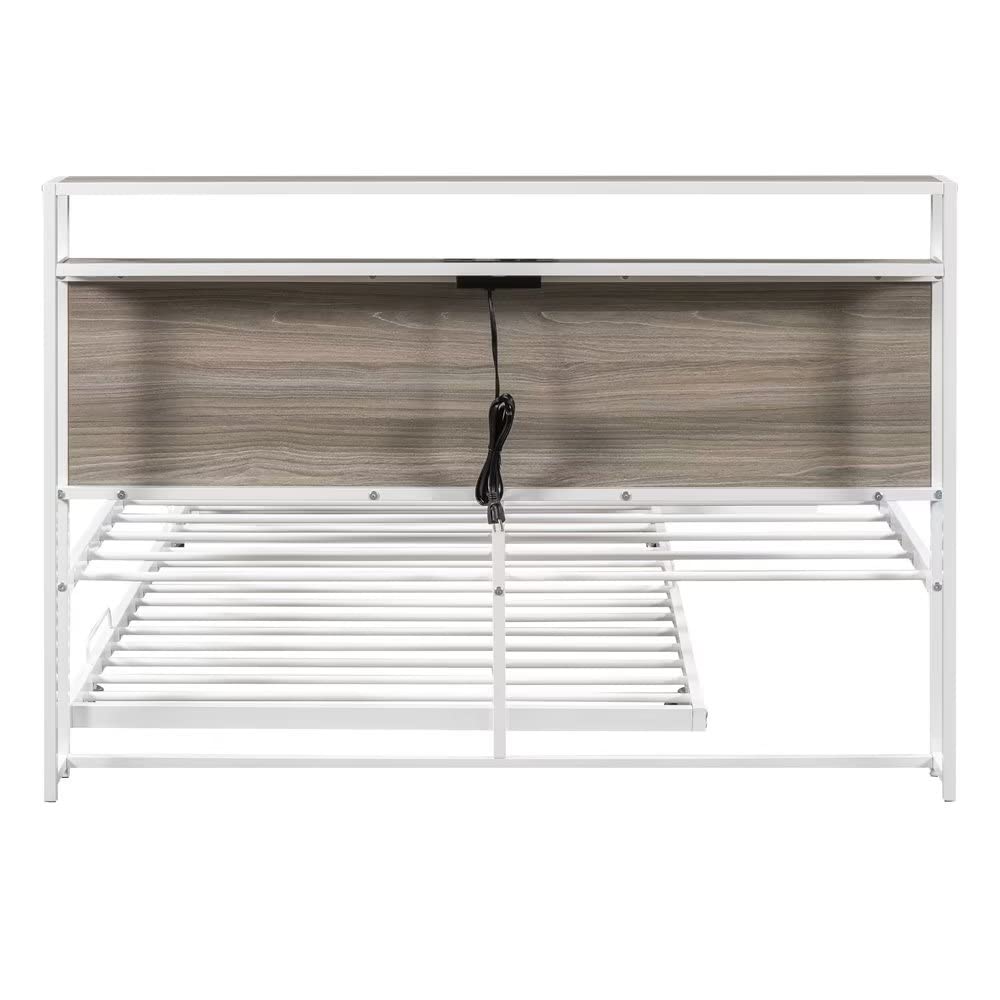 Full Size Metal Bed Frame with Trundle - Modern Platform Bed with USB Charging Ports & Headboard - Space Saving Design for Teens, Kids & Adults - No Box Spring Needed - White - Perfect for Small Bedrooms, Guest Rooms & Dormitories