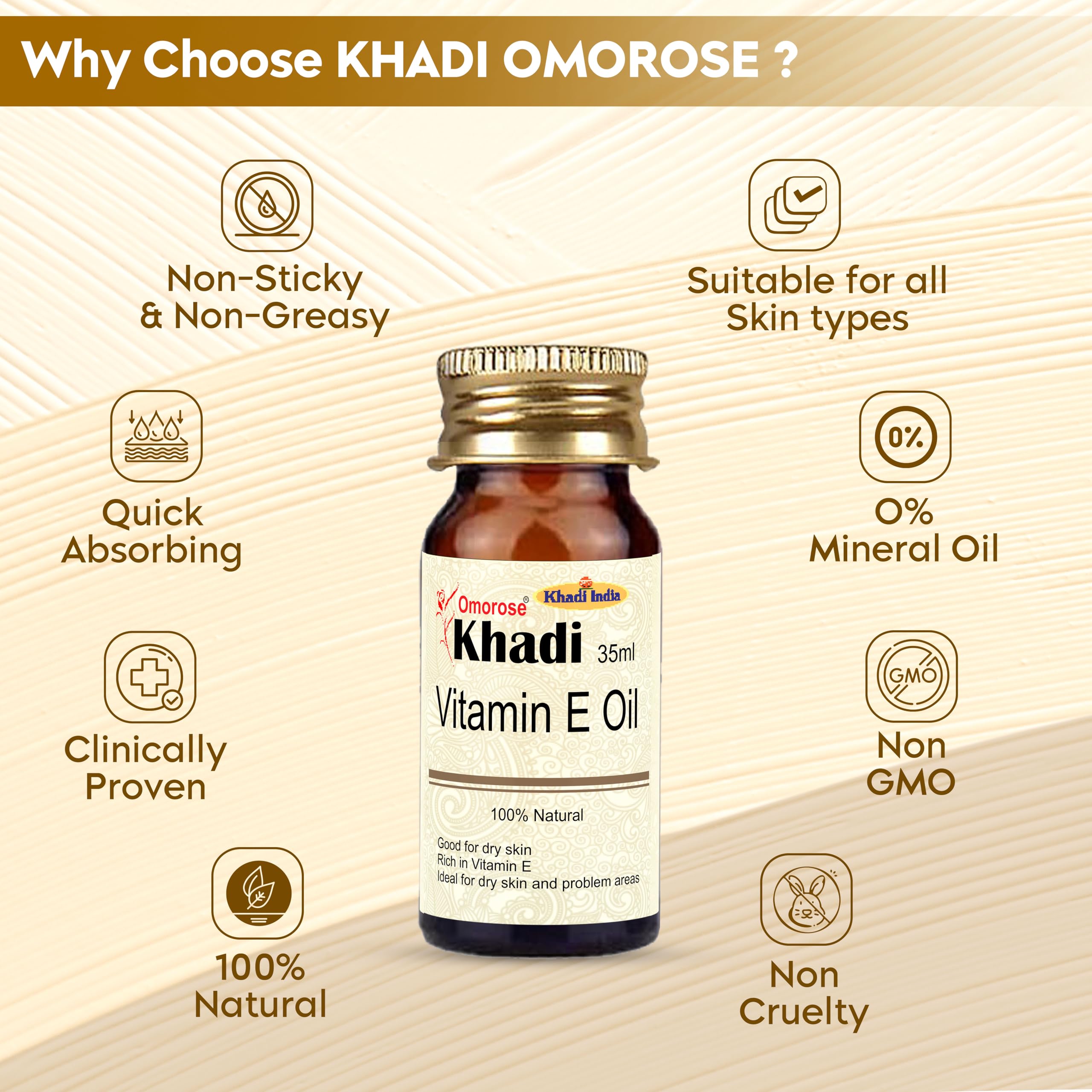 Khadi Omorose Vitamin E Oil (35 ml) - Pure & Natural Skin Care for Hydration & Anti-Aging - Perfect for Face, Hair & Body Moisturizing