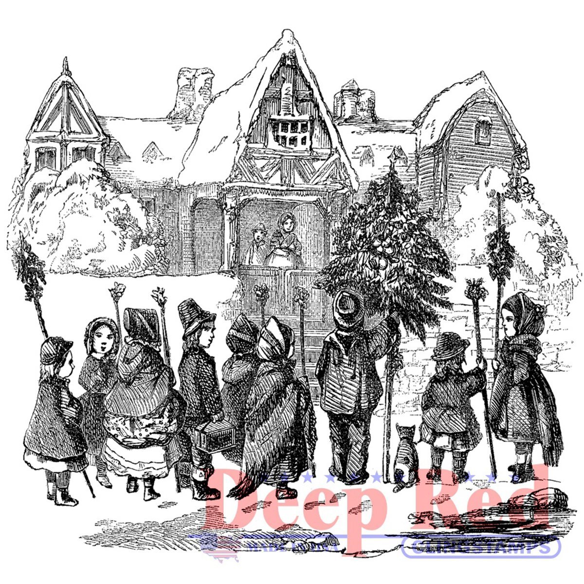 Vintage Deep Red Christmas Carolers Rubber Cling Stamp Set - Holiday Scrapbooking, Card Making & DIY Gift Tags Decorations
