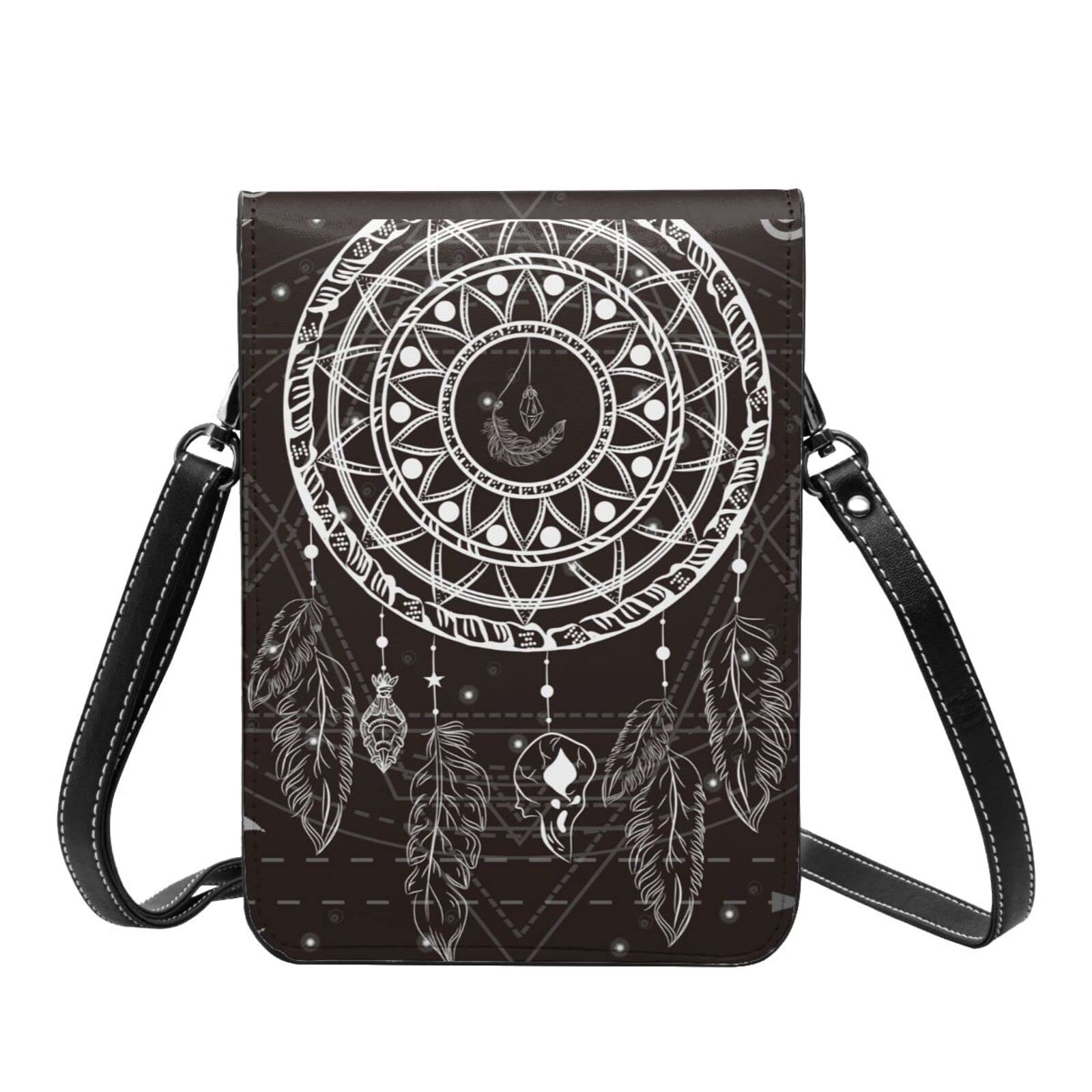 Dreamcatcher Native Mystic Geometry Black Crossbody Phone Purse for Women - Lightweight Small Soft Leather Fashion Wallet with Adjustable Strap - Perfect for Travel, Shopping & Everyday Use