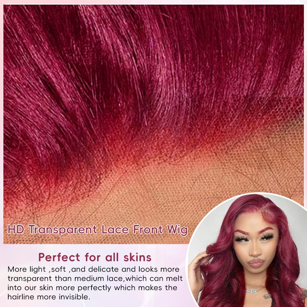 30 Inch 99J Burgundy Lace Front Human Hair Wig - 12A Grade 200% Density HD Body Wave with 13x4 Frontal - Pre Plucked Glueless Wine Red Wig for Women | Perfect for Cosplay, Parties, Weddings & Daily Wear