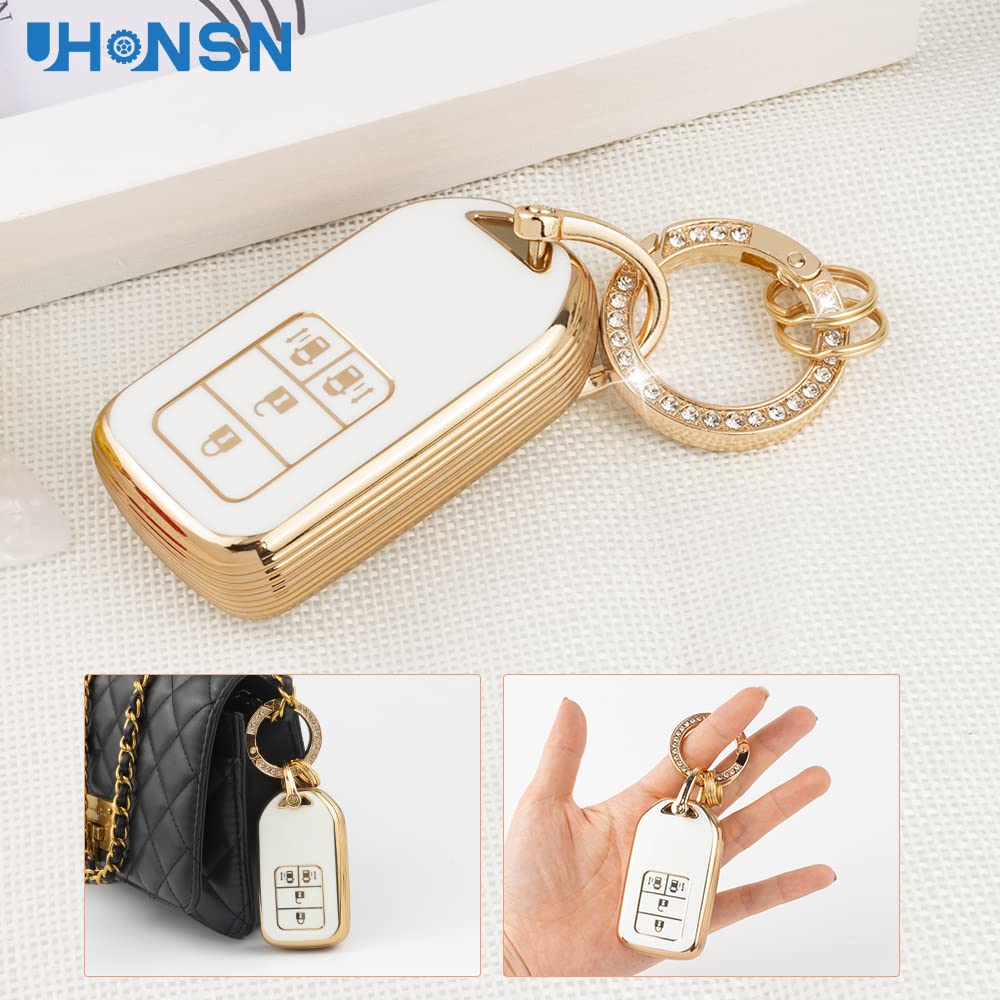UHONSN Soft TPU Key Fob Cover for Honda Accord Civic CRV Odyssey Pilot - Cute White & Gold Car Key Protector Case Shell with Chain | Durable Accessories for Everyday Use & Gift Giving