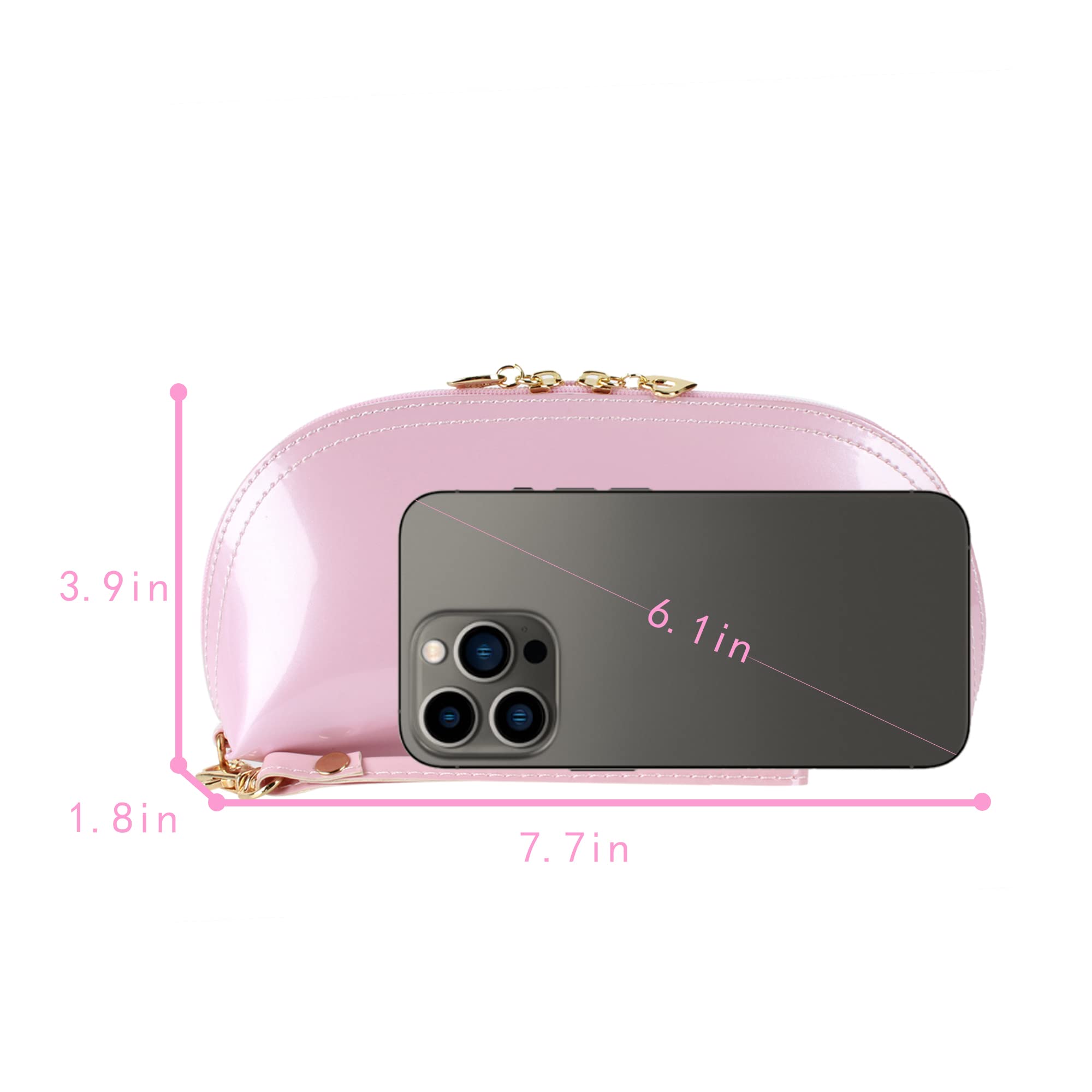 ZLMBAGUS Fashion Cosmetic Bag - Patent Leather Makeup Pouch with Wristlet & Zipper - Travel Organizer for Makeup, Jewelry & Coins (Pink) - Perfect for Travel, Gym & Daily Essentials Storage