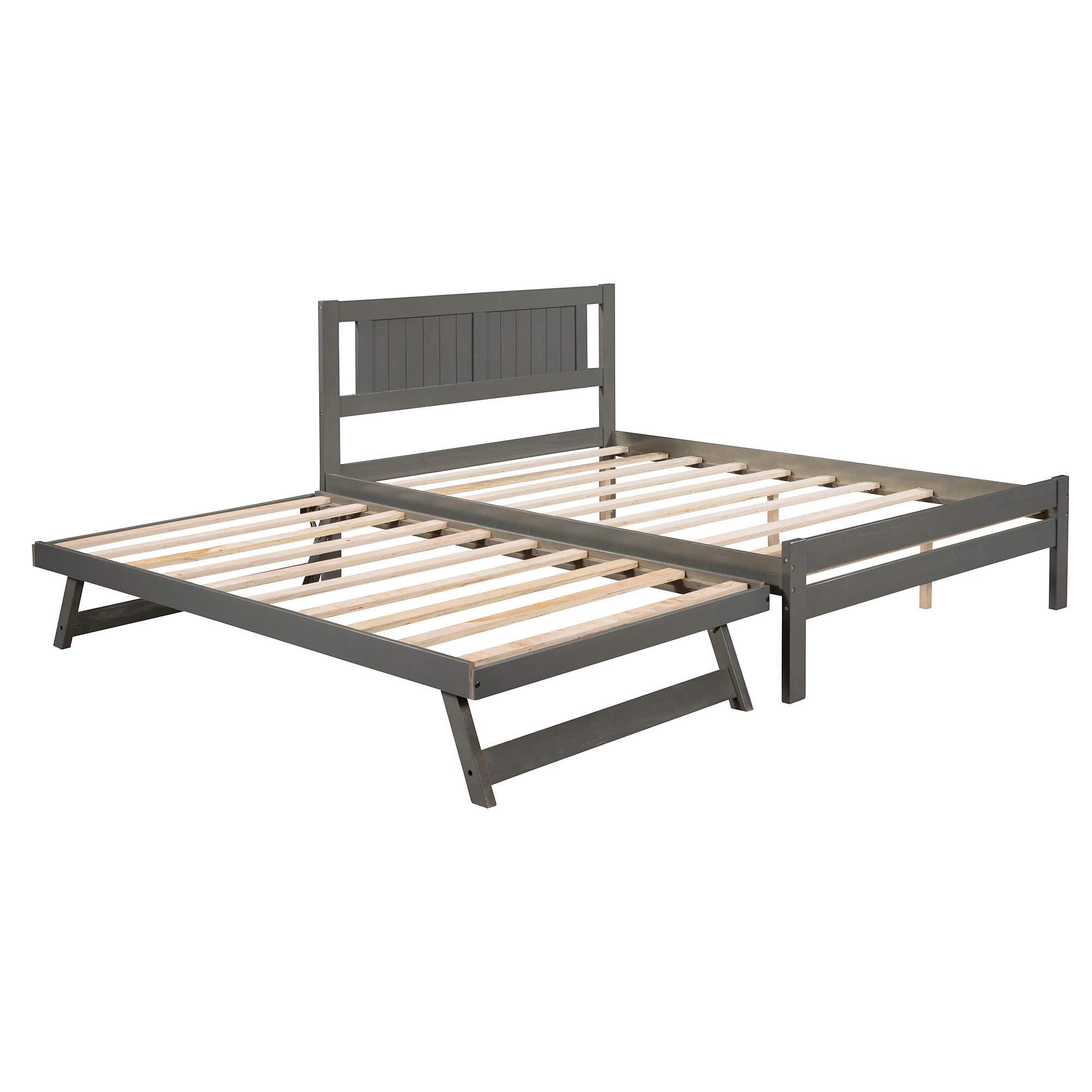 Wotefusi Full Size Platform Bed Frame with Adjustable Trundle - Gray Wooden Bed for Guest Room & Small Space - Sturdy & Space-Saving Design (US Stock)