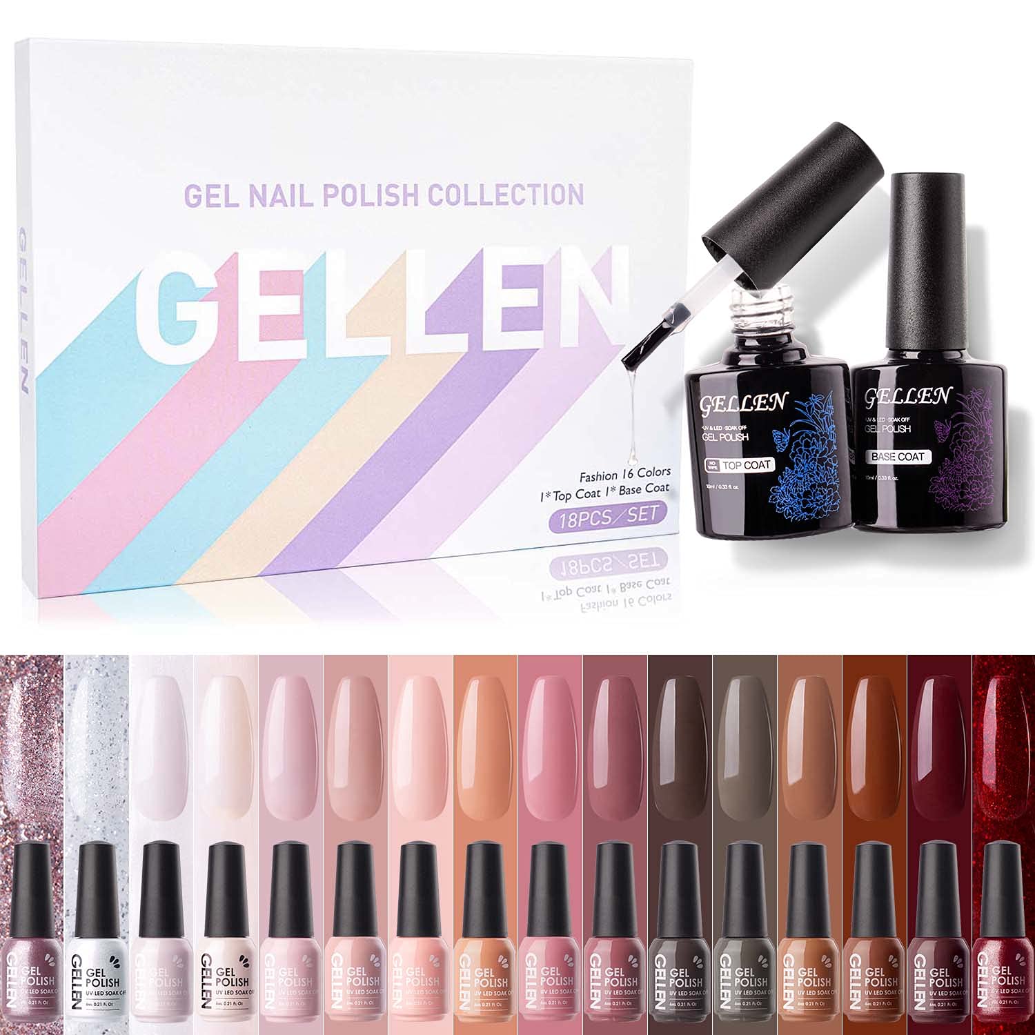 Gellen 16 Colors Gel Nail Polish Set with Base & Top Coat - Pink, Red & Nude Shades for All Seasons | Long-Lasting Sparkle & Glitter Nail Art Kit for Home Manicure & Professional Salon Use