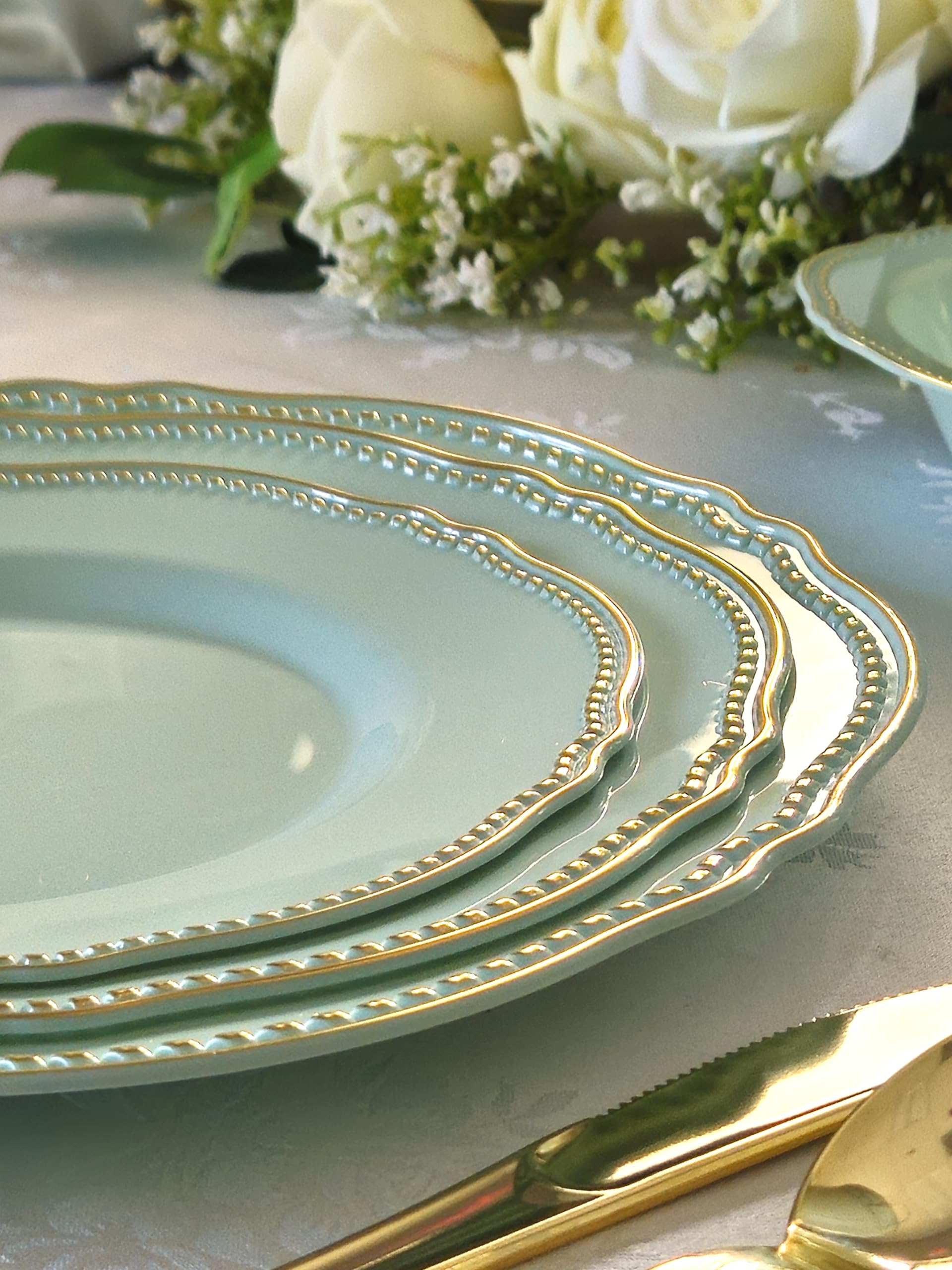 640-Piece Heavyweight Disposable Plastic Plate Set for Weddings & Parties - 80 x 10.25'' Dinner Plates, 80 x 7.5'' Dessert Plates, Silverware, Cups & Napkins (Rochelle Seafoam/Mint & Gold) - Perfect for Large Gatherings, Bridal Showers & Catering Events
