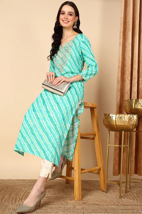 Sea Green Leheriya Kurta for Women | Traditional Indian Hand Block Printed Cotton Tunic | Perfect for Festivals, Weddings & Casual Wear