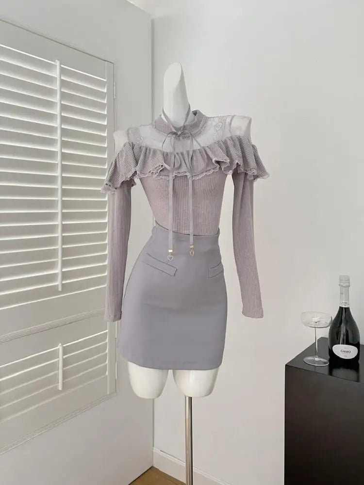Elegant Women's Grey Patchwork Lace Ruffle Edge Long Sleeve Knit Top & High Waist Slim Short Skirt 2-Piece Set for Fall Winter Fashion | Office Wear & Date Night Outfits