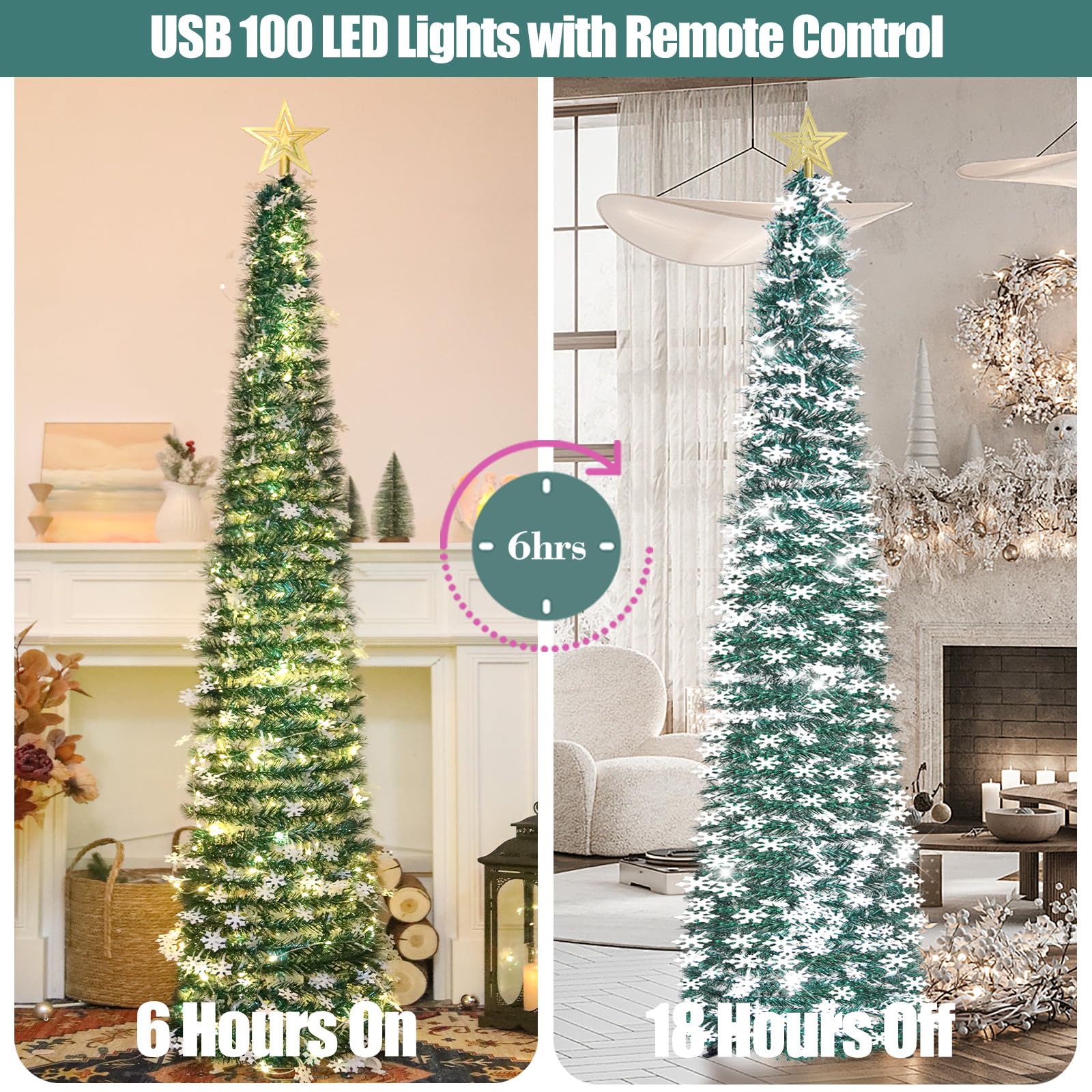 6 FT Pop Up Tinsel Christmas Tree with 100 LED Lights & Remote Control - Collapsible Artificial Pencil Tree with Snowflake Ornaments - USB Powered Timer Holiday Decor for Home, Office, Party | Perfect for Living Room, Bedroom, Christmas Party & Winter Festival Decorations